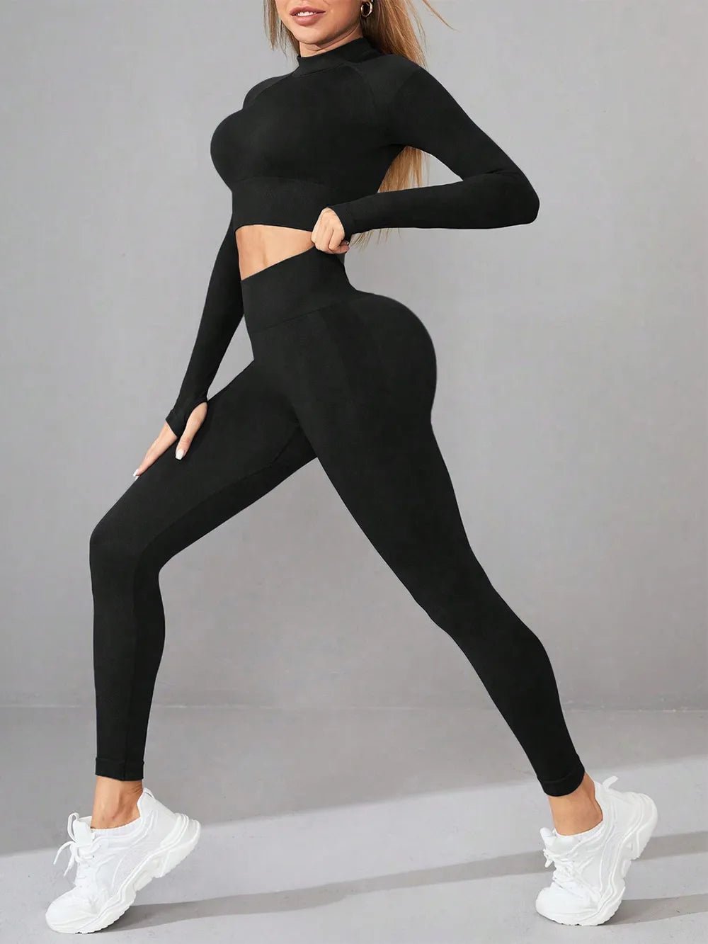 Mock Neck Long Sleeve Top and Leggings Active Set designed for comfort and style at Lookzlike