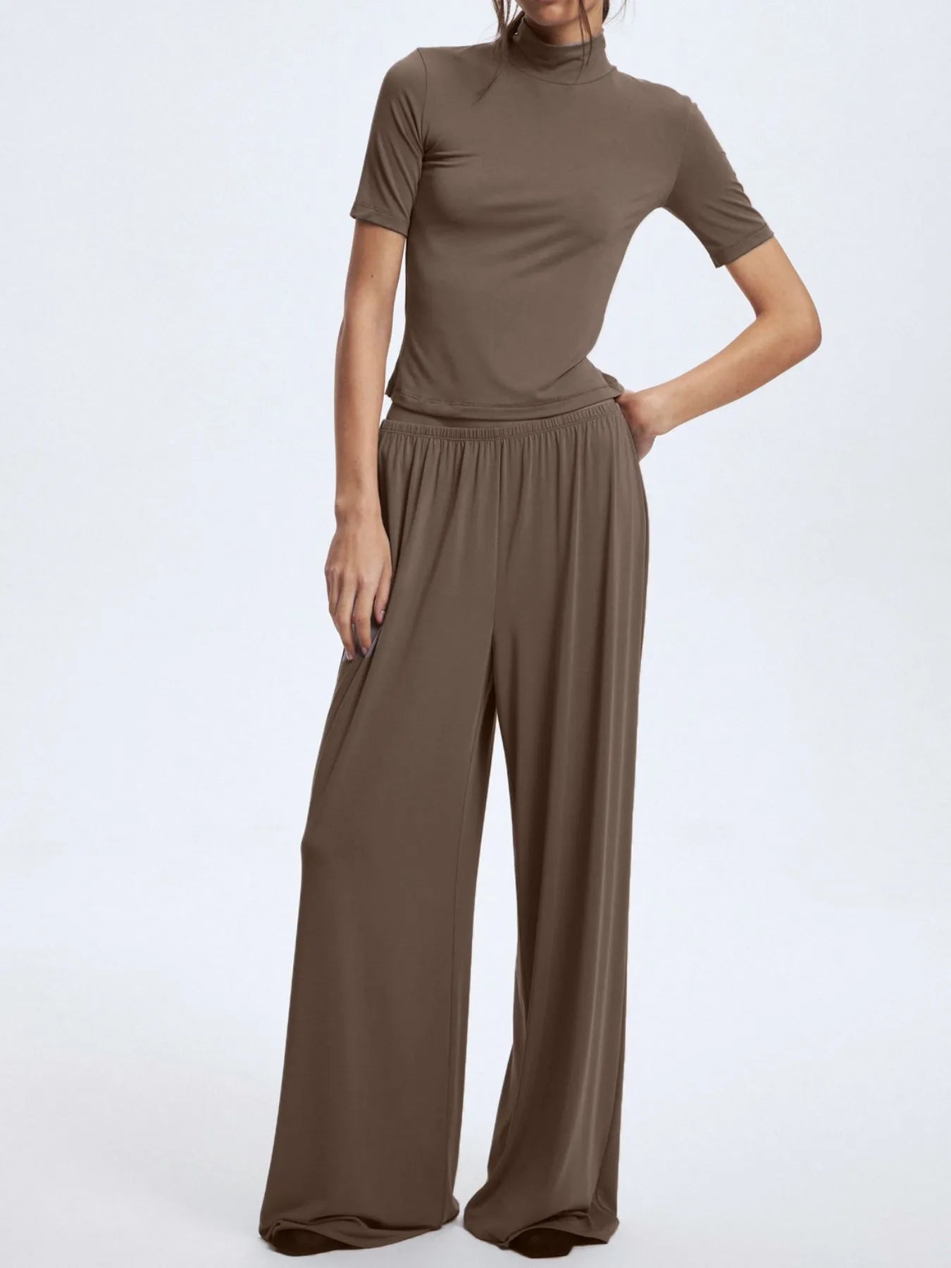Mock Neck Short Sleeve Top and Pants Set - Lookzlike