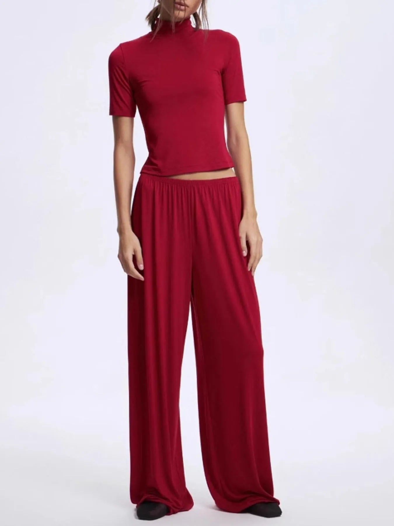Mock Neck Short Sleeve Top and Pants Set - Lookzlike