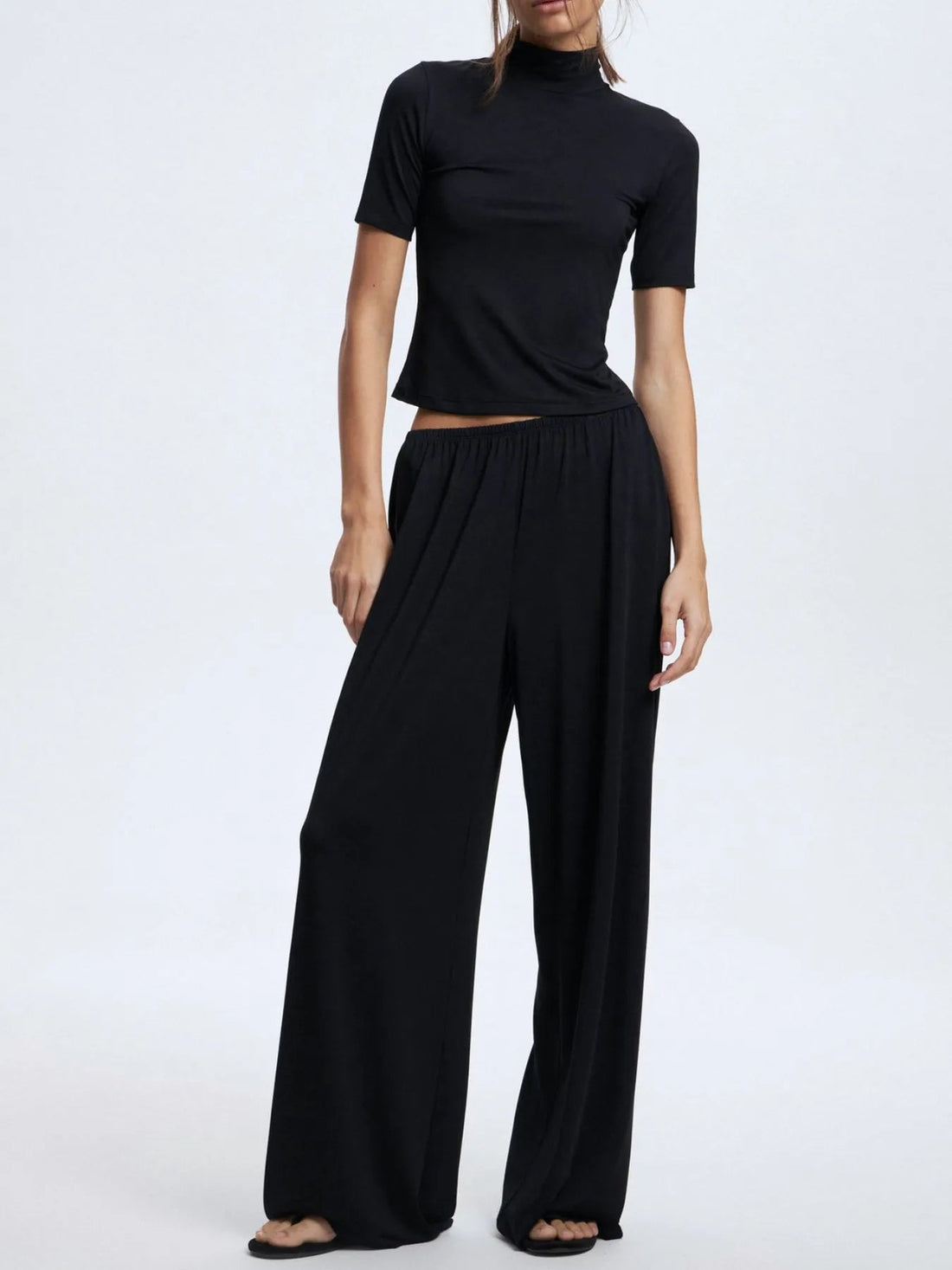 Mock Neck Short Sleeve Top and Pants Set - Lookzlike