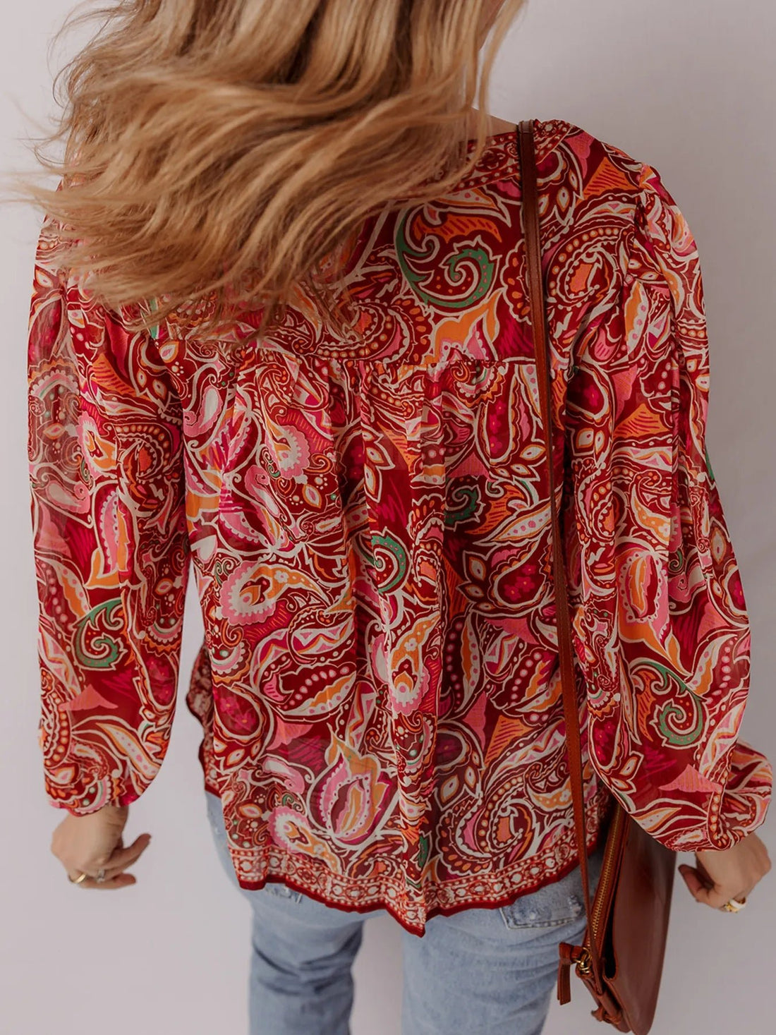 Multicolour Ethnic Paisley Print Tassel Tie Puff Sleeve Boho Blouse - Lookzlike