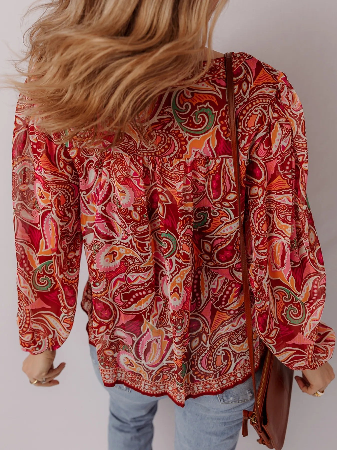 Multicolour Ethnic Paisley Print Tassel Tie Puff Sleeve Boho Blouse - Lookzlike