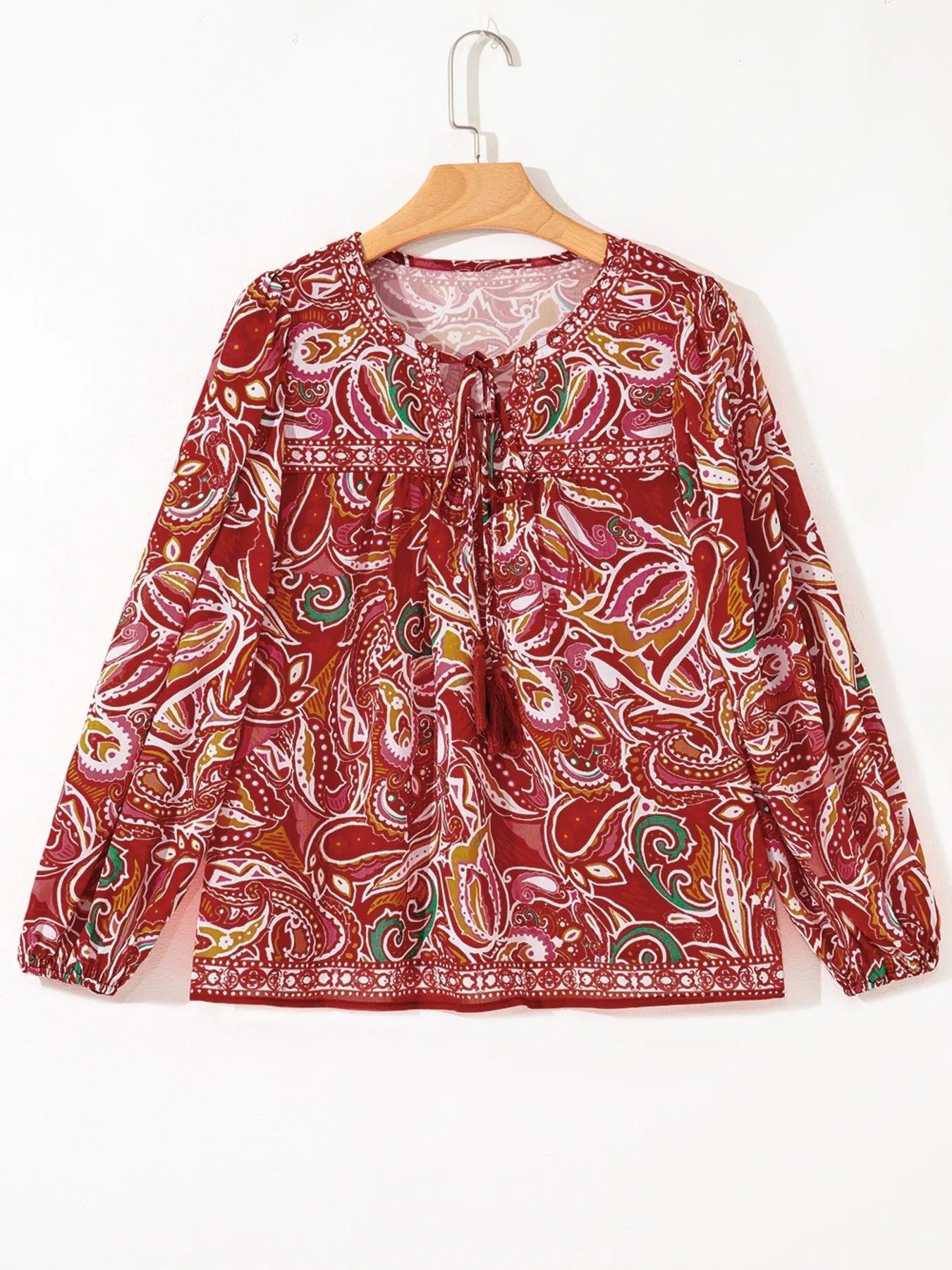 Multicolour Ethnic Paisley Print Tassel Tie Puff Sleeve Boho Blouse - Lookzlike
