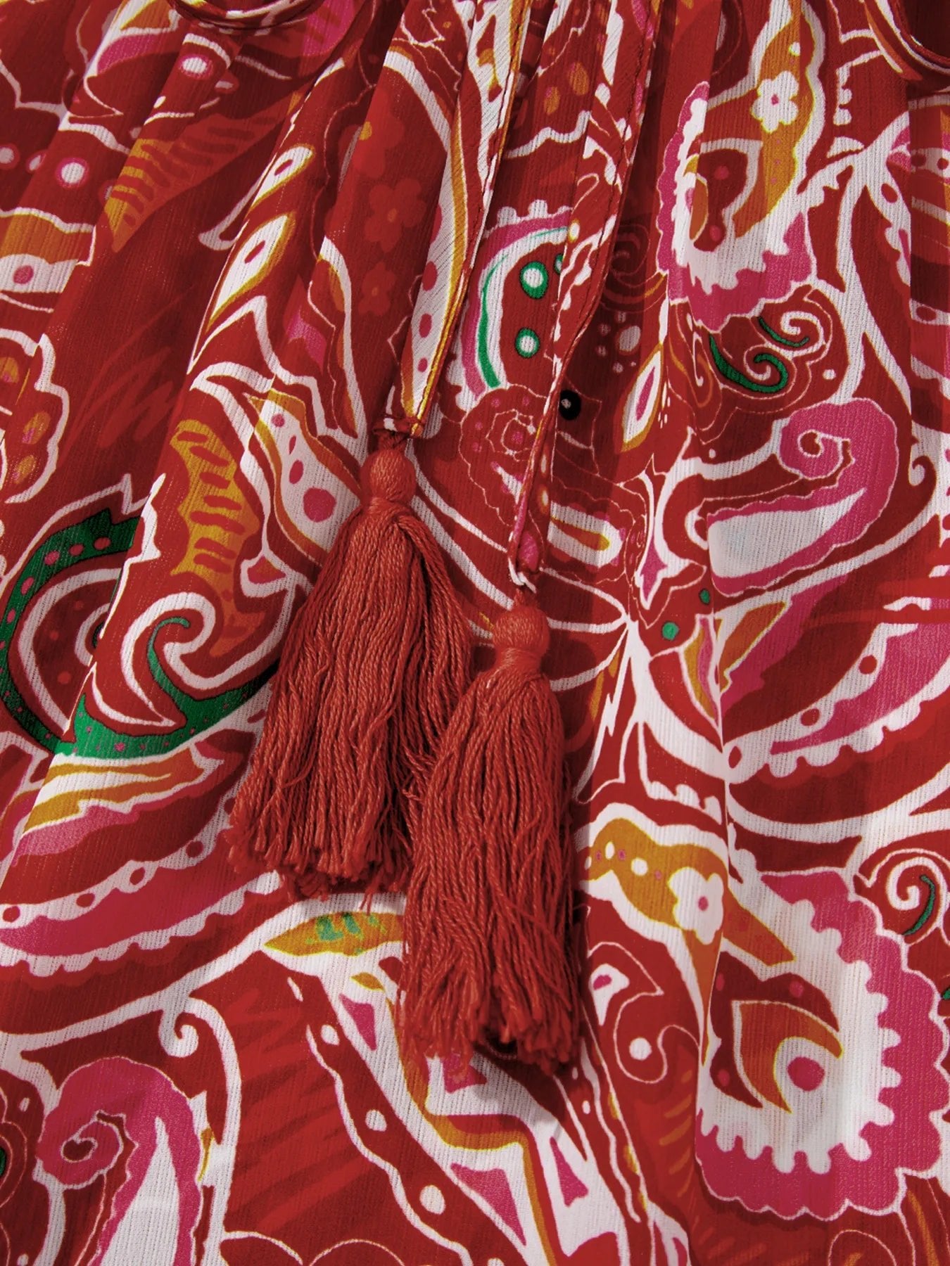 Multicolour Ethnic Paisley Print Tassel Tie Puff Sleeve Boho Blouse - Lookzlike