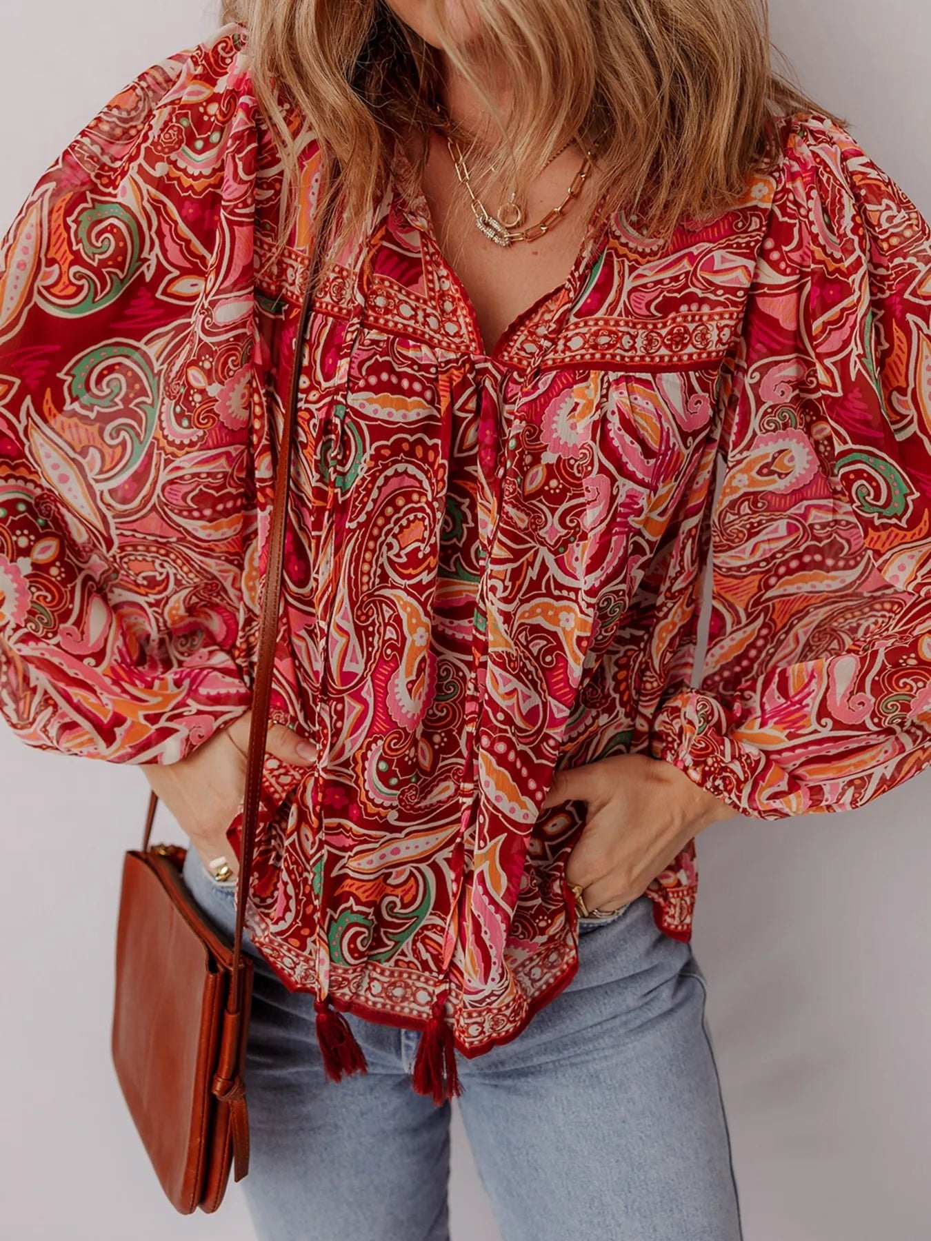 Multicolour Ethnic Paisley Print Tassel Tie Puff Sleeve Boho Blouse - Lookzlike