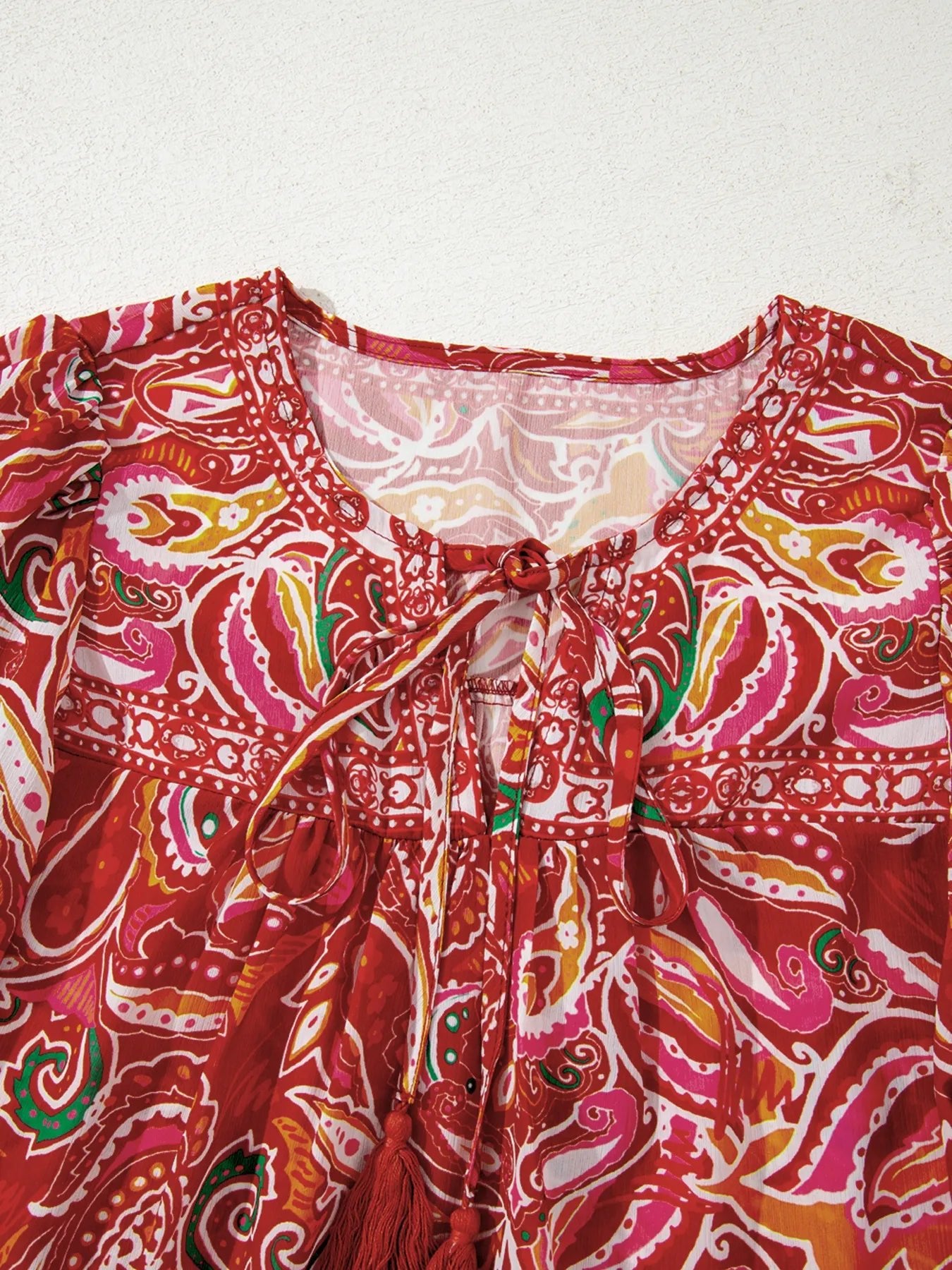 Multicolour Ethnic Paisley Print Tassel Tie Puff Sleeve Boho Blouse - Lookzlike