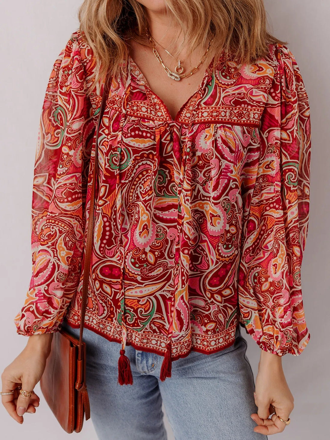 Multicolour Ethnic Paisley Print Tassel Tie Puff Sleeve Boho Blouse - Lookzlike