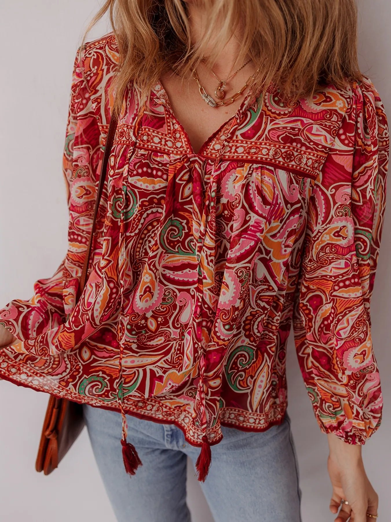 Multicolour Ethnic Paisley Print Tassel Tie Puff Sleeve Boho Blouse - Lookzlike