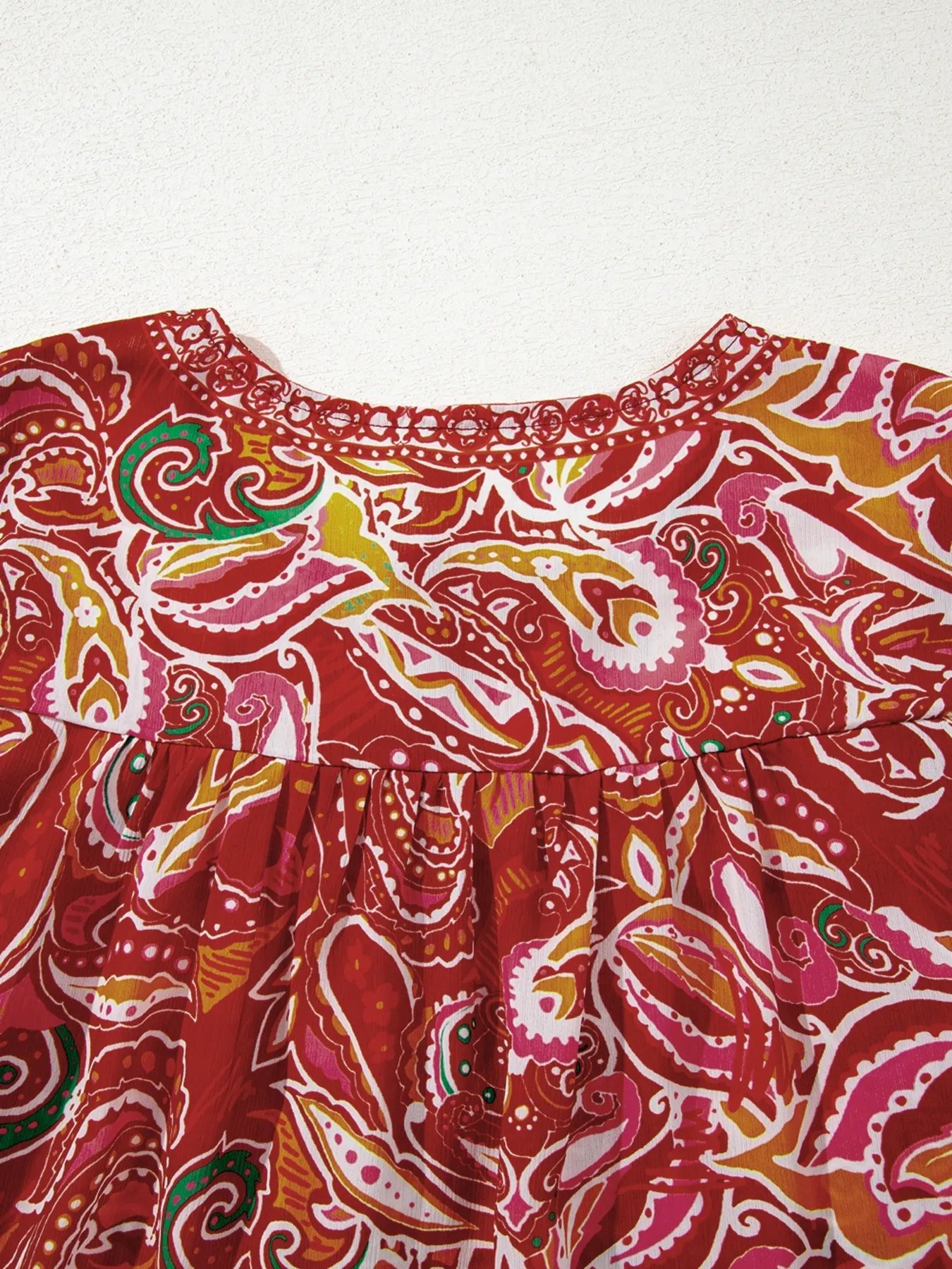 Multicolour Ethnic Paisley Print Tassel Tie Puff Sleeve Boho Blouse - Lookzlike