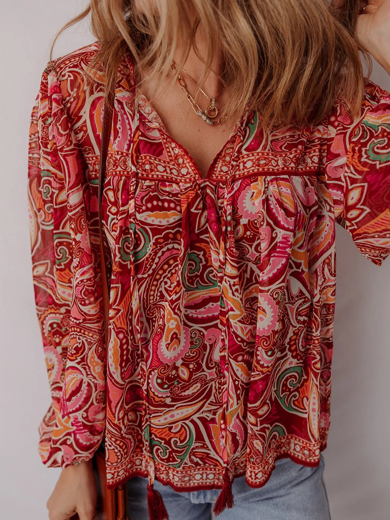 Multicolour Ethnic Paisley Print Tassel Tie Puff Sleeve Boho Blouse - Lookzlike
