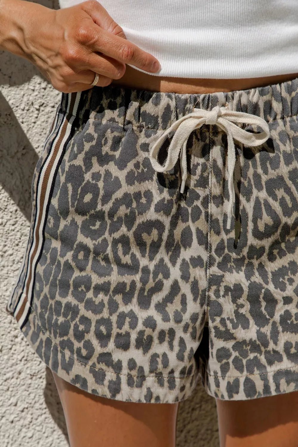Multicolour Leopard Pattern Striped Detail Drawstring Denim Shorts designed for comfort and style at Lookzlike