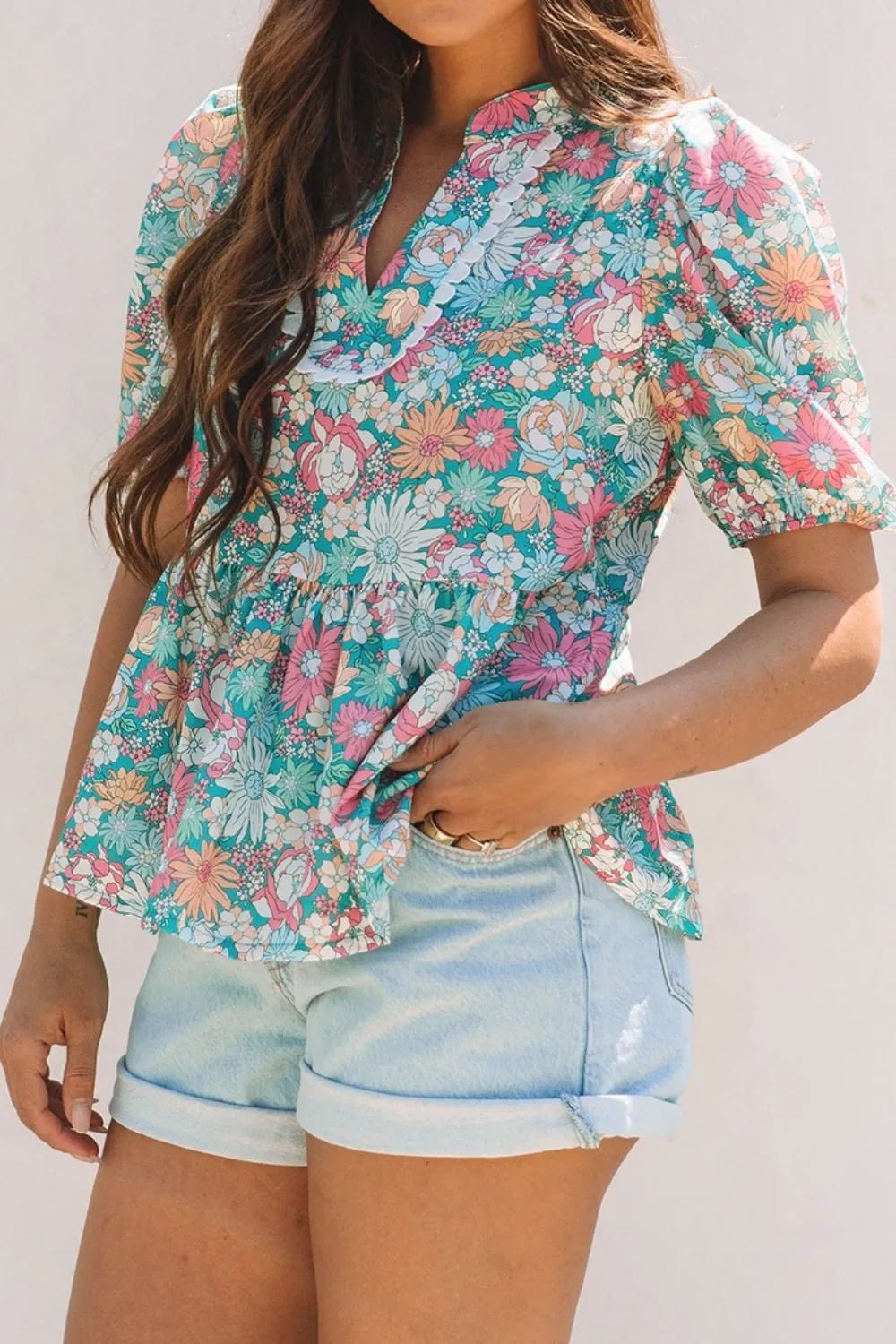Multicolour Notched Neck Puff Short Sleeve Floral Blouse - Lookzlike