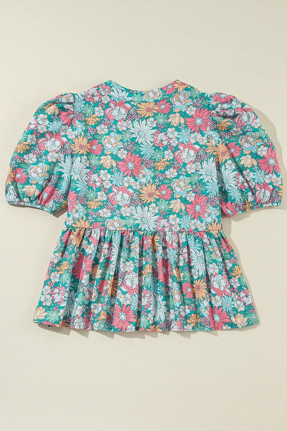 Multicolour Notched Neck Puff Short Sleeve Floral Blouse - Lookzlike