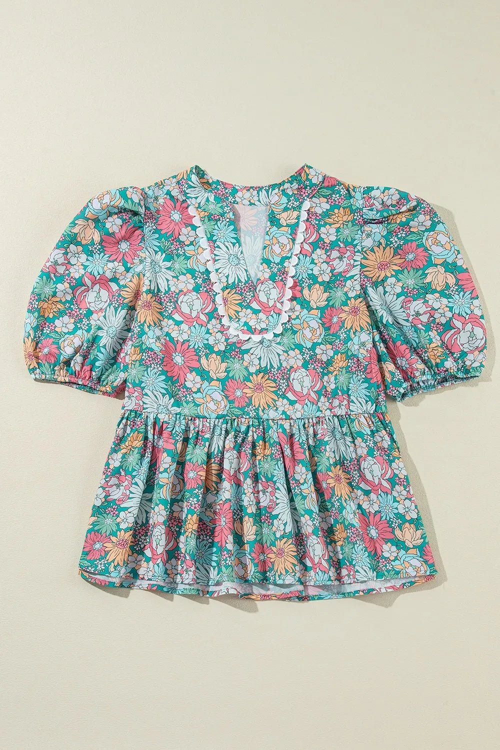 Multicolour Notched Neck Puff Short Sleeve Floral Blouse - Lookzlike