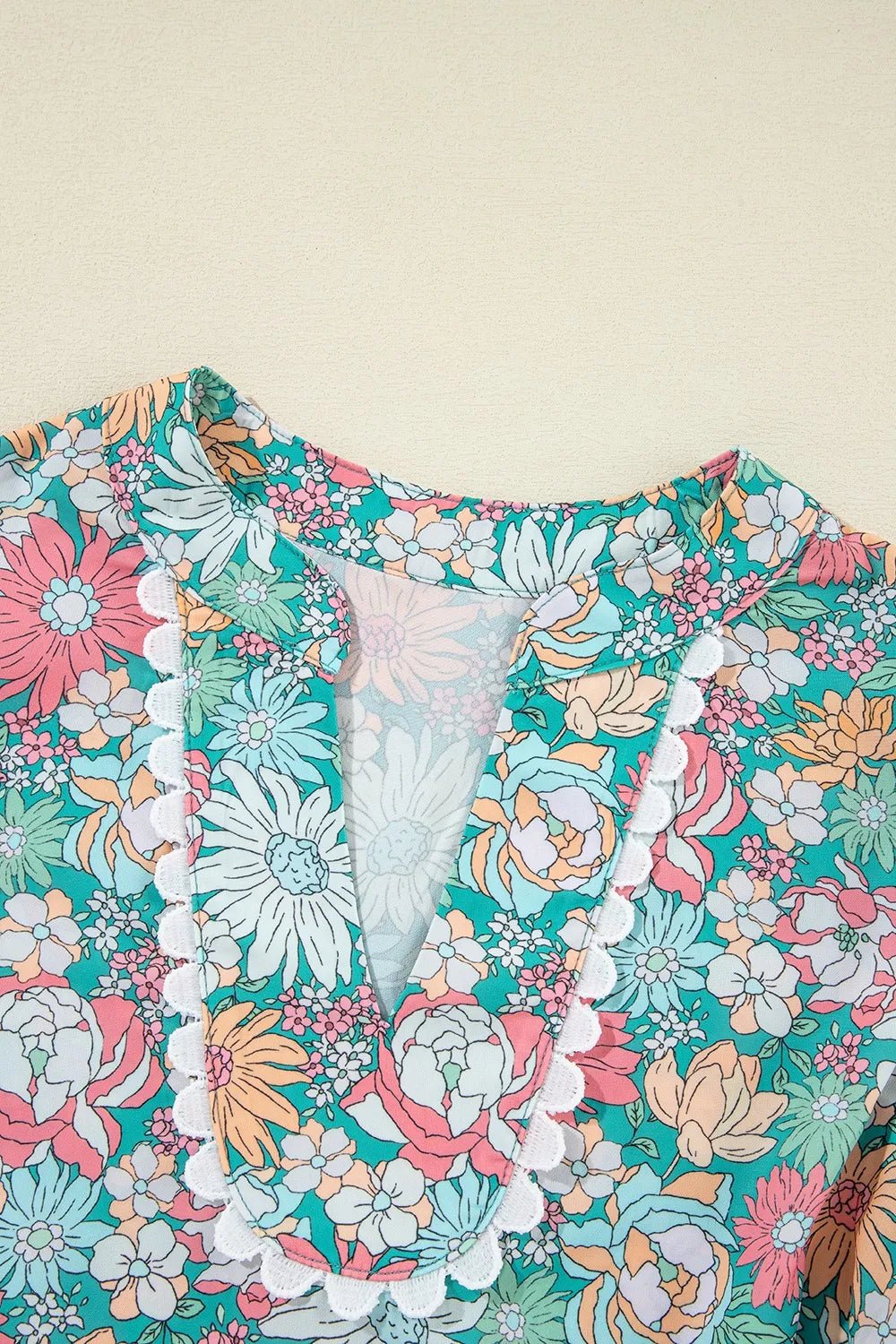 Multicolour Notched Neck Puff Short Sleeve Floral Blouse - Lookzlike