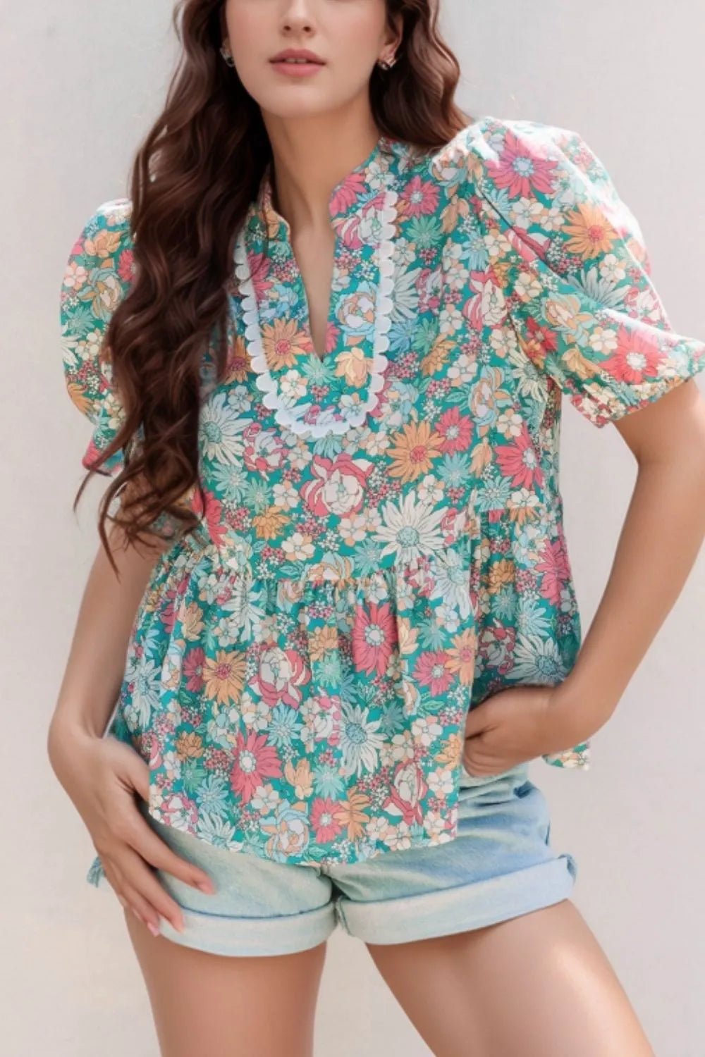 Multicolour Notched Neck Puff Short Sleeve Floral Blouse - Lookzlike