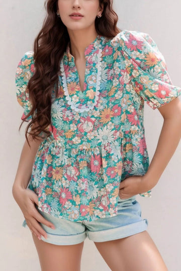 Multicolour Notched Neck Puff Short Sleeve Floral Blouse - Lookzlike
