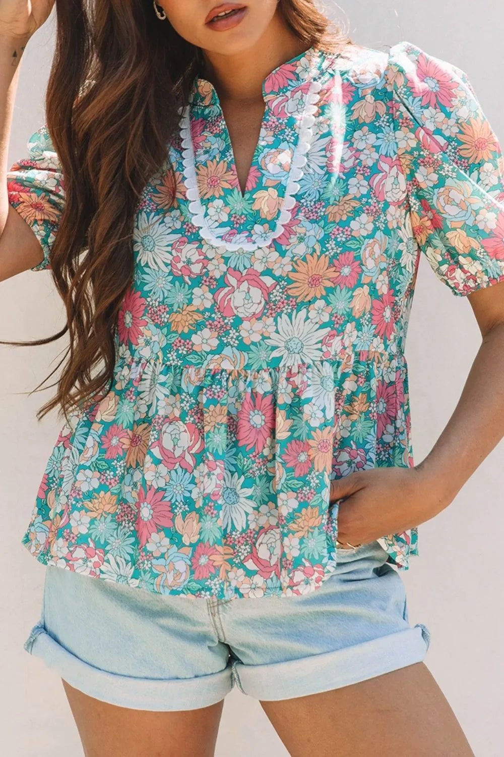 Multicolour Notched Neck Puff Short Sleeve Floral Blouse - Lookzlike