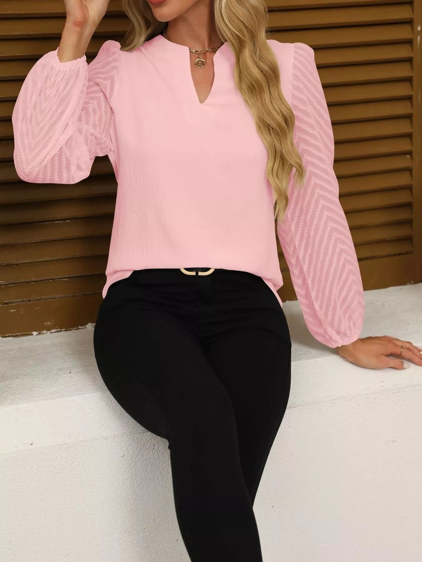 Notched Balloon Sleeve Blouse designed for comfort and style at Lookzlike