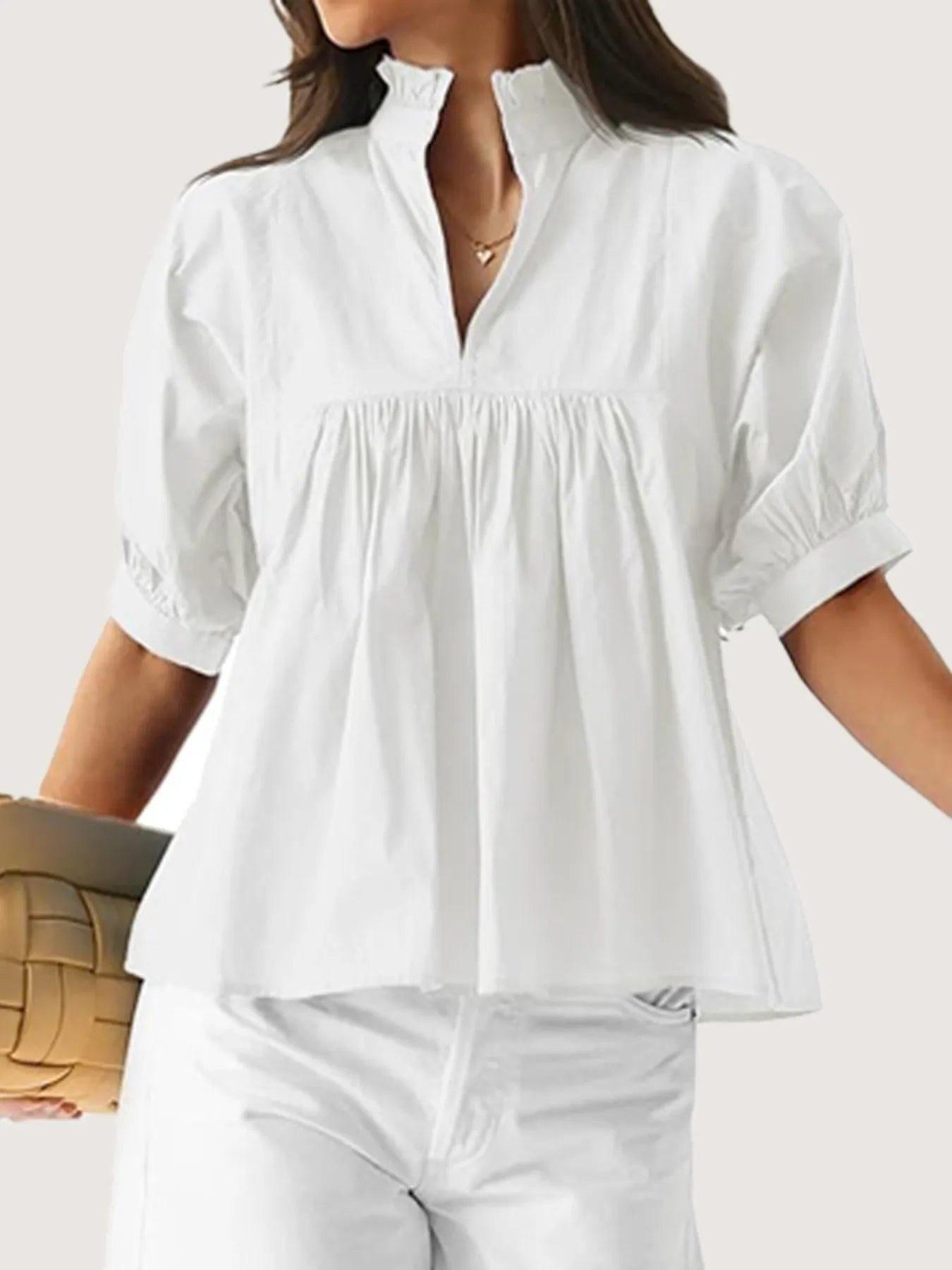 Notched Puff Sleeve Blouse designed for comfort and style at Lookzlike