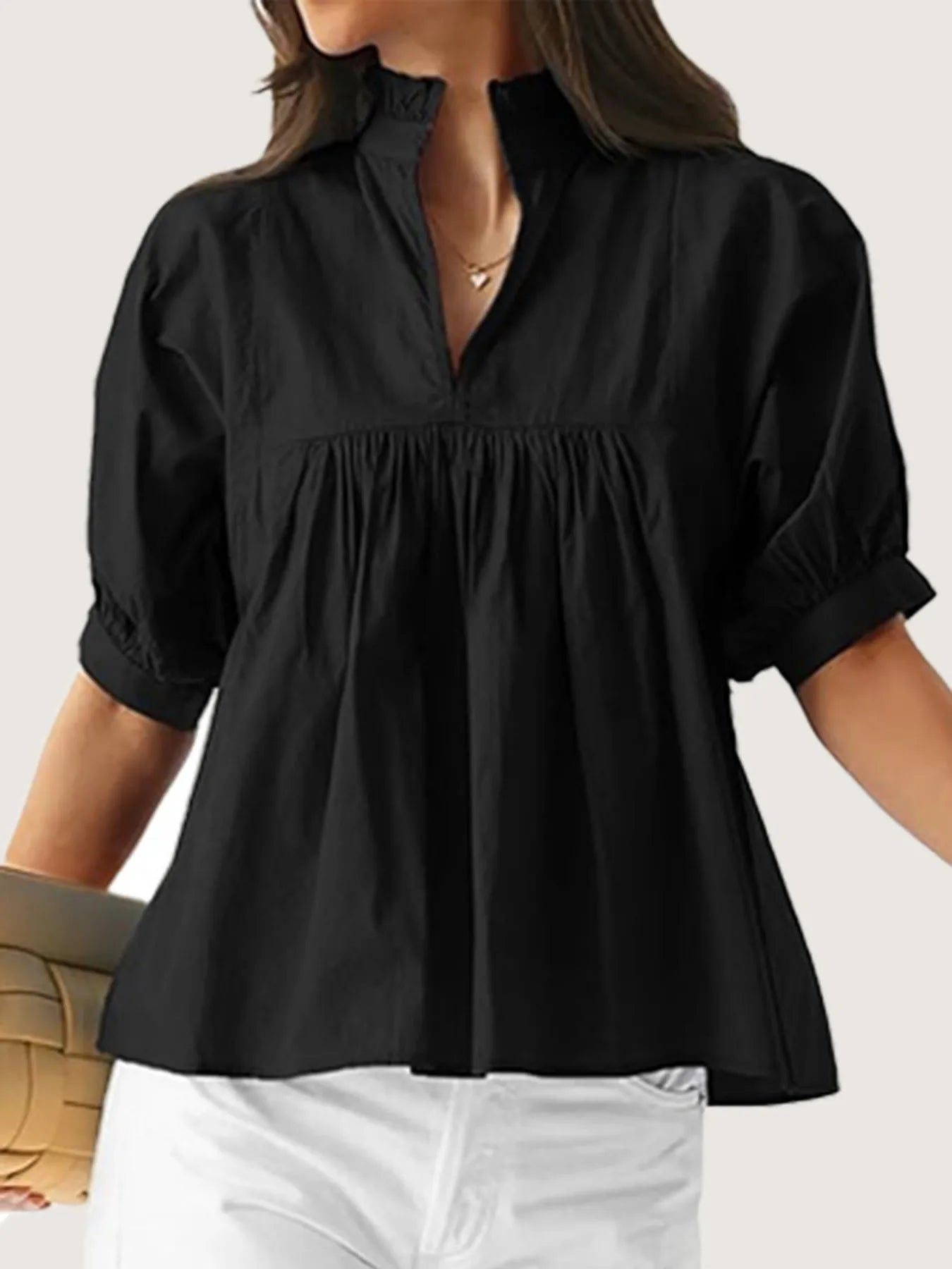 Notched Puff Sleeve Blouse designed for comfort and style at Lookzlike
