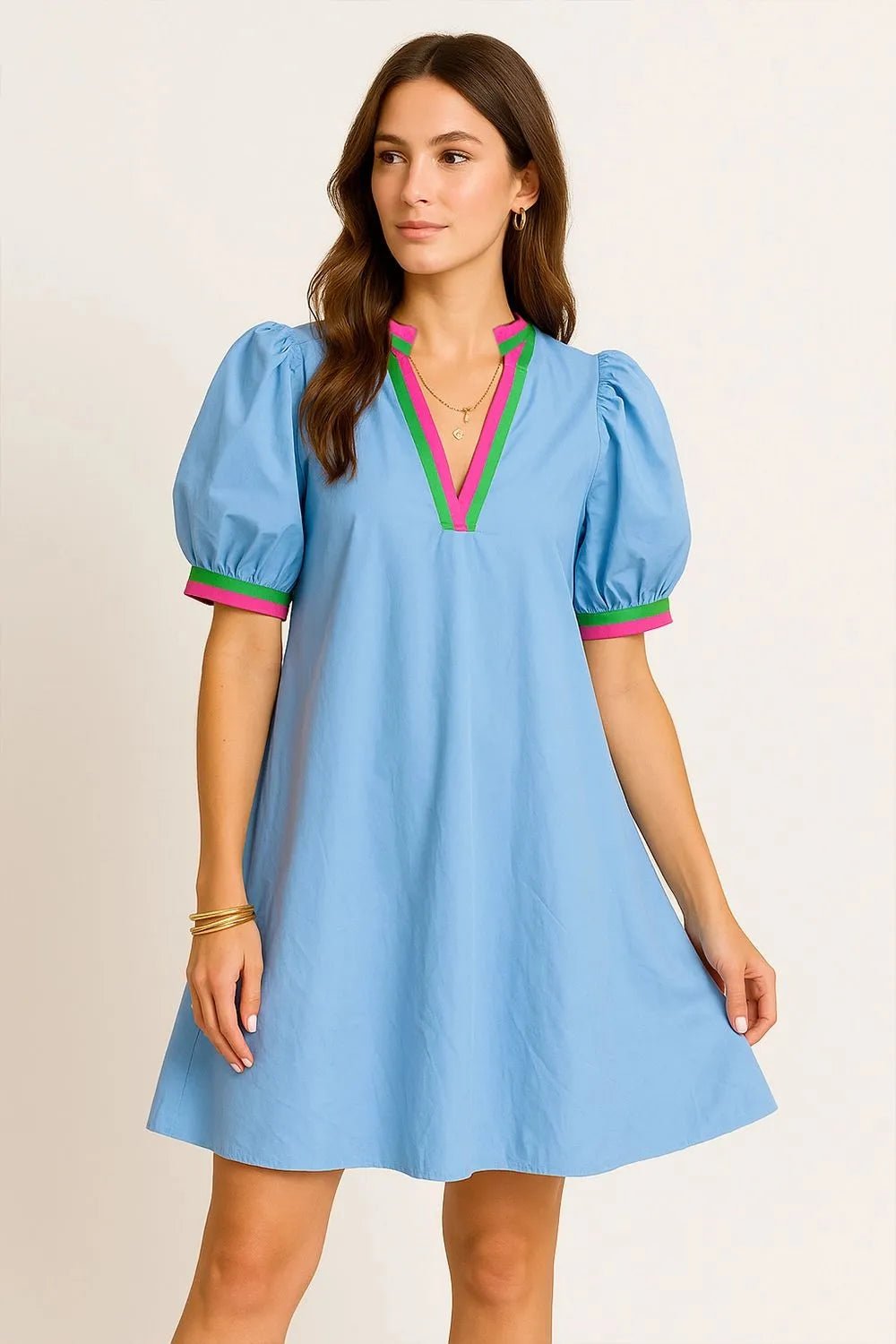 Notched Puff Sleeve Swing Dress - Lookzlike