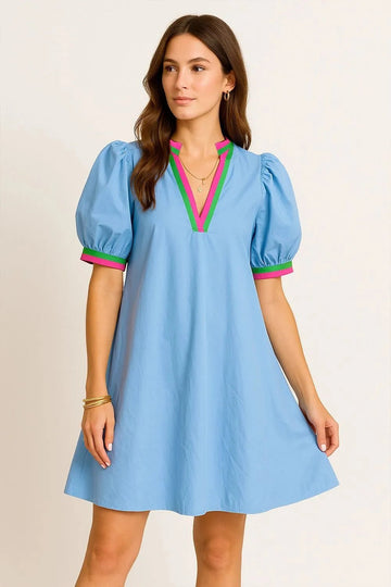 Notched Puff Sleeve Swing Dress - Lookzlike