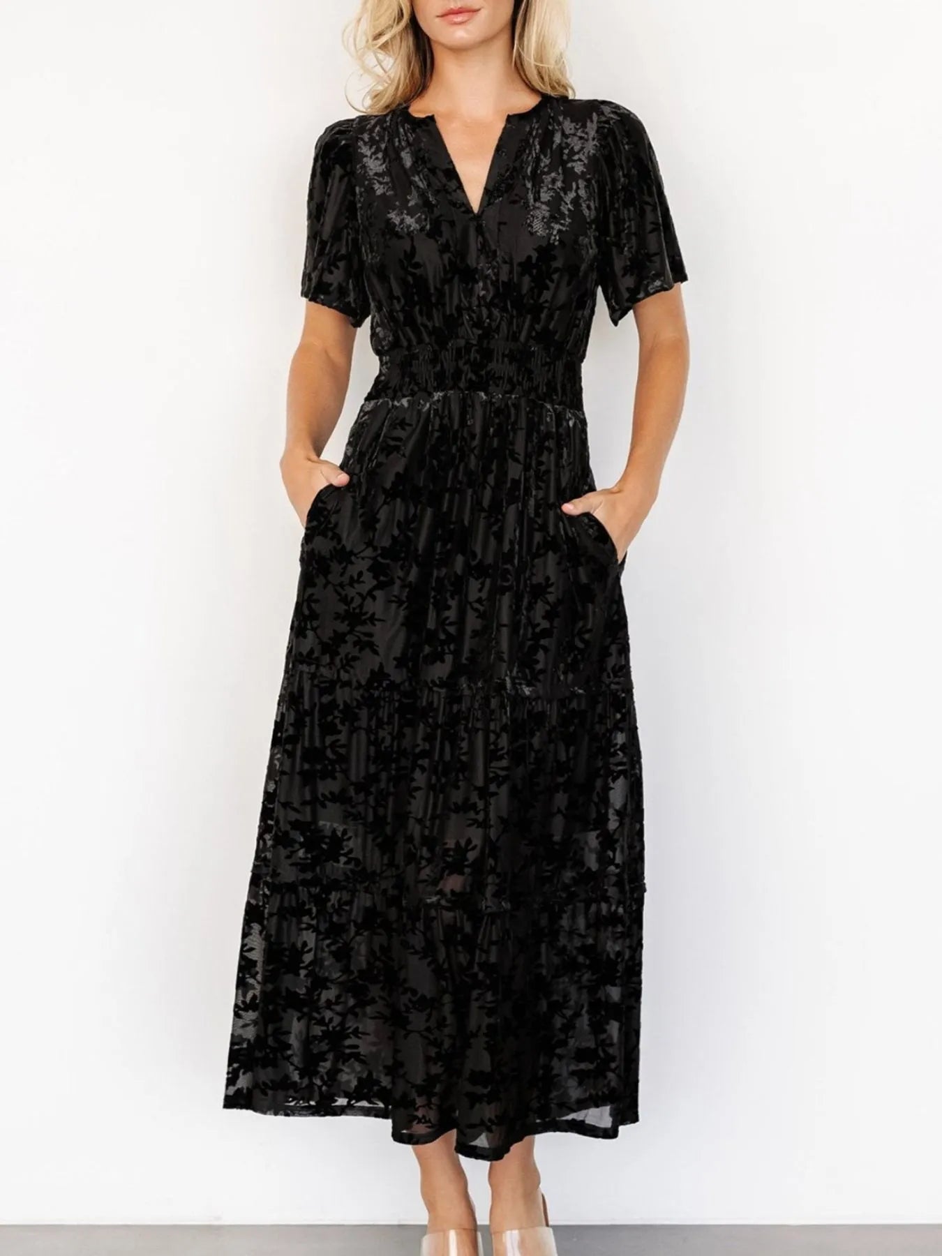 Notched Short Sleeve Tiered Dress - Lookzlike