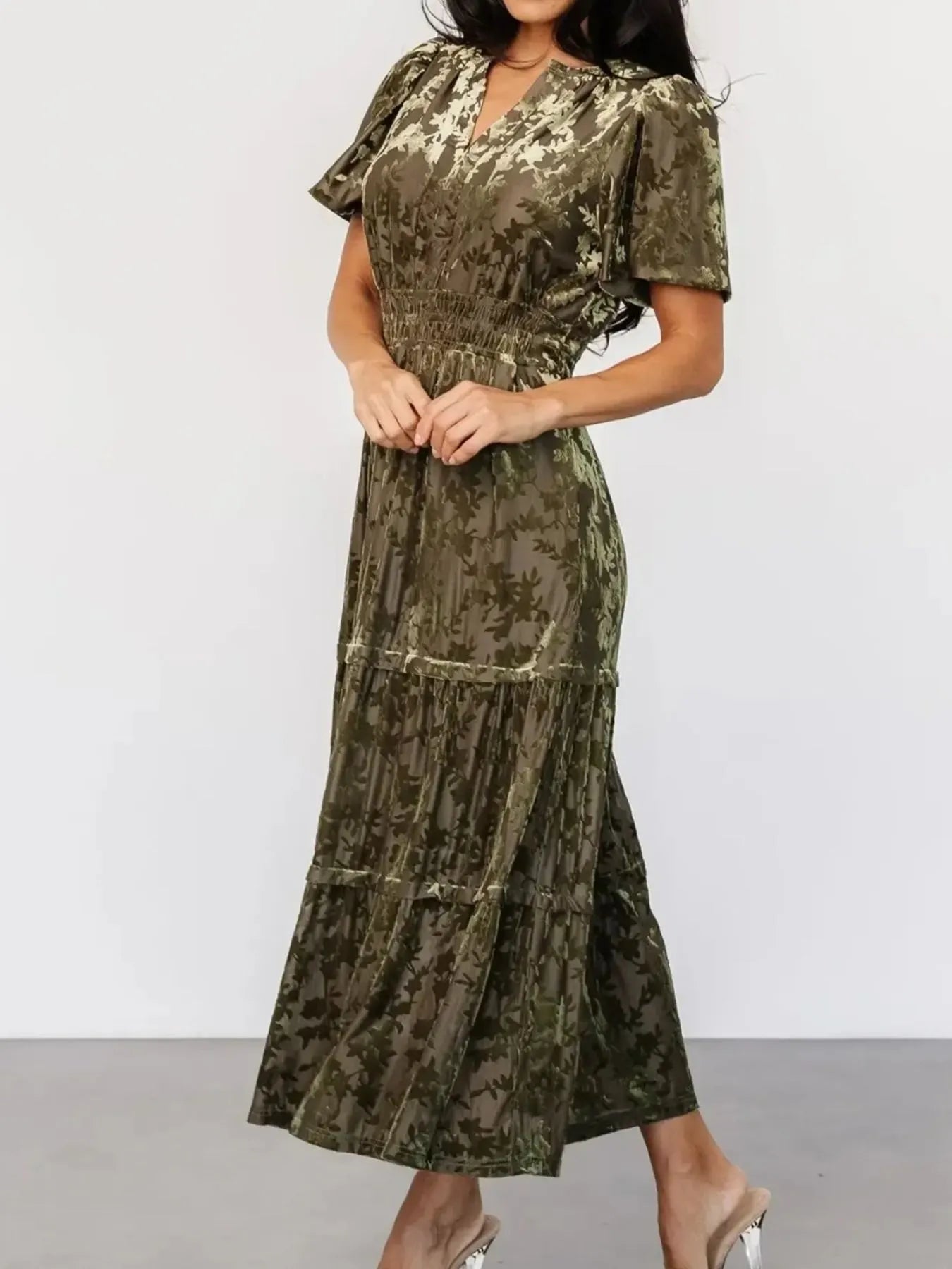 Notched Short Sleeve Tiered Dress - Lookzlike