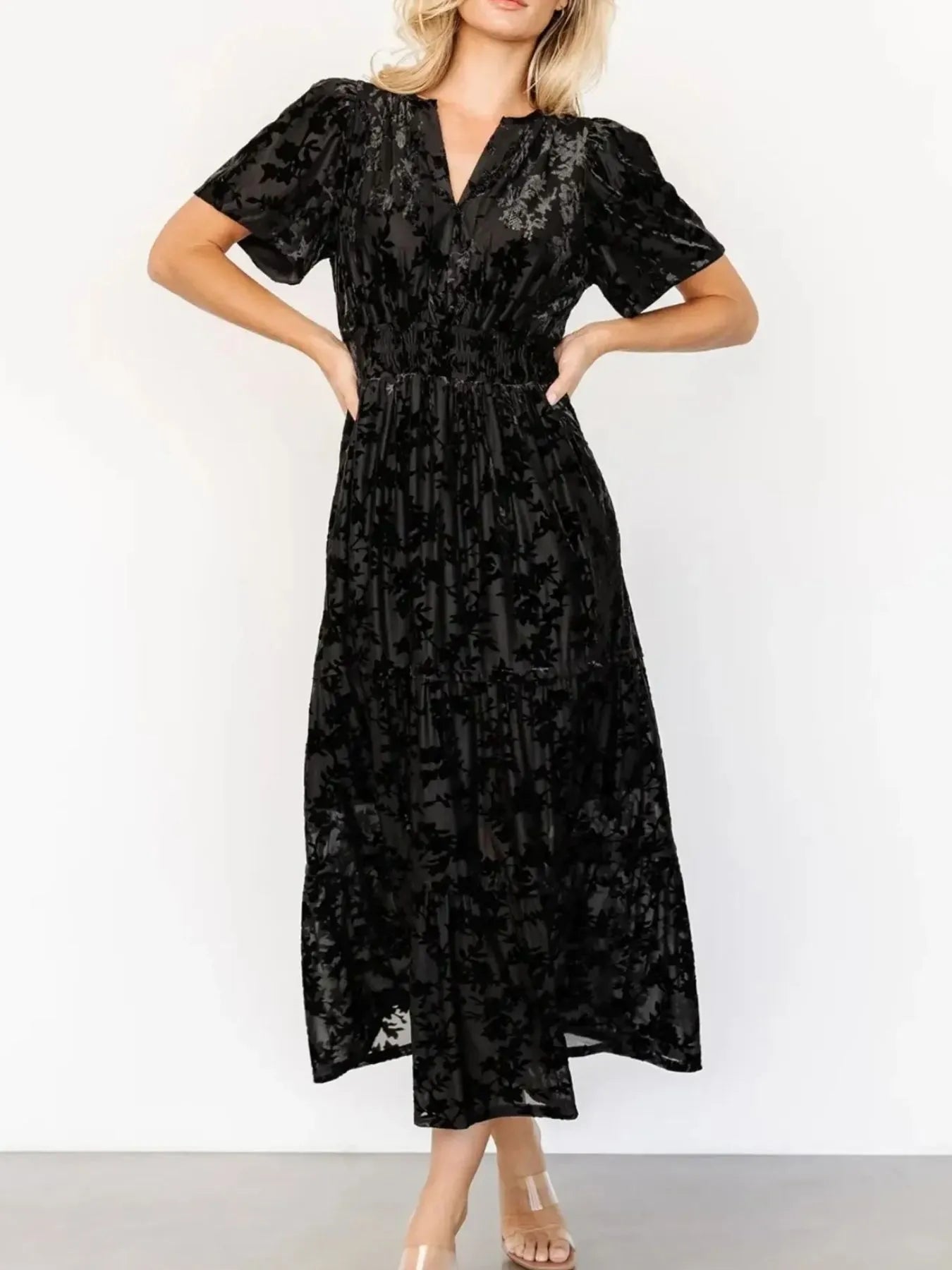 Notched Short Sleeve Tiered Dress - Lookzlike