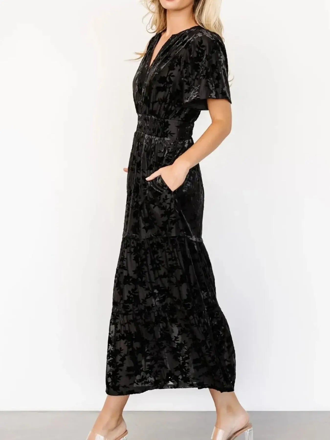 Notched Short Sleeve Tiered Dress - Lookzlike