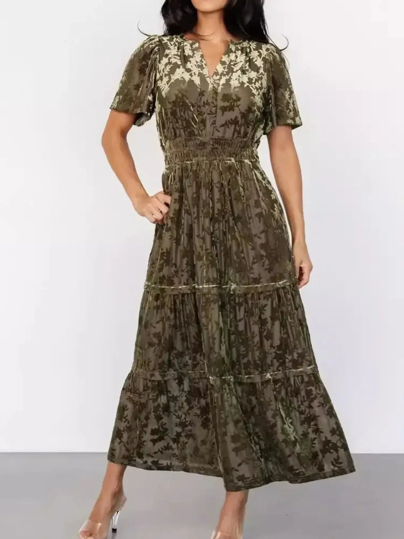 Notched Short Sleeve Tiered Dress - Lookzlike