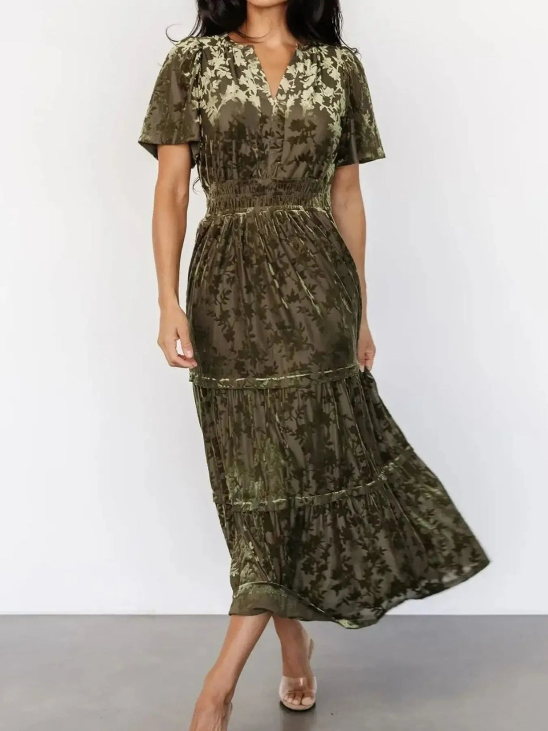 Notched Short Sleeve Tiered Dress - Lookzlike