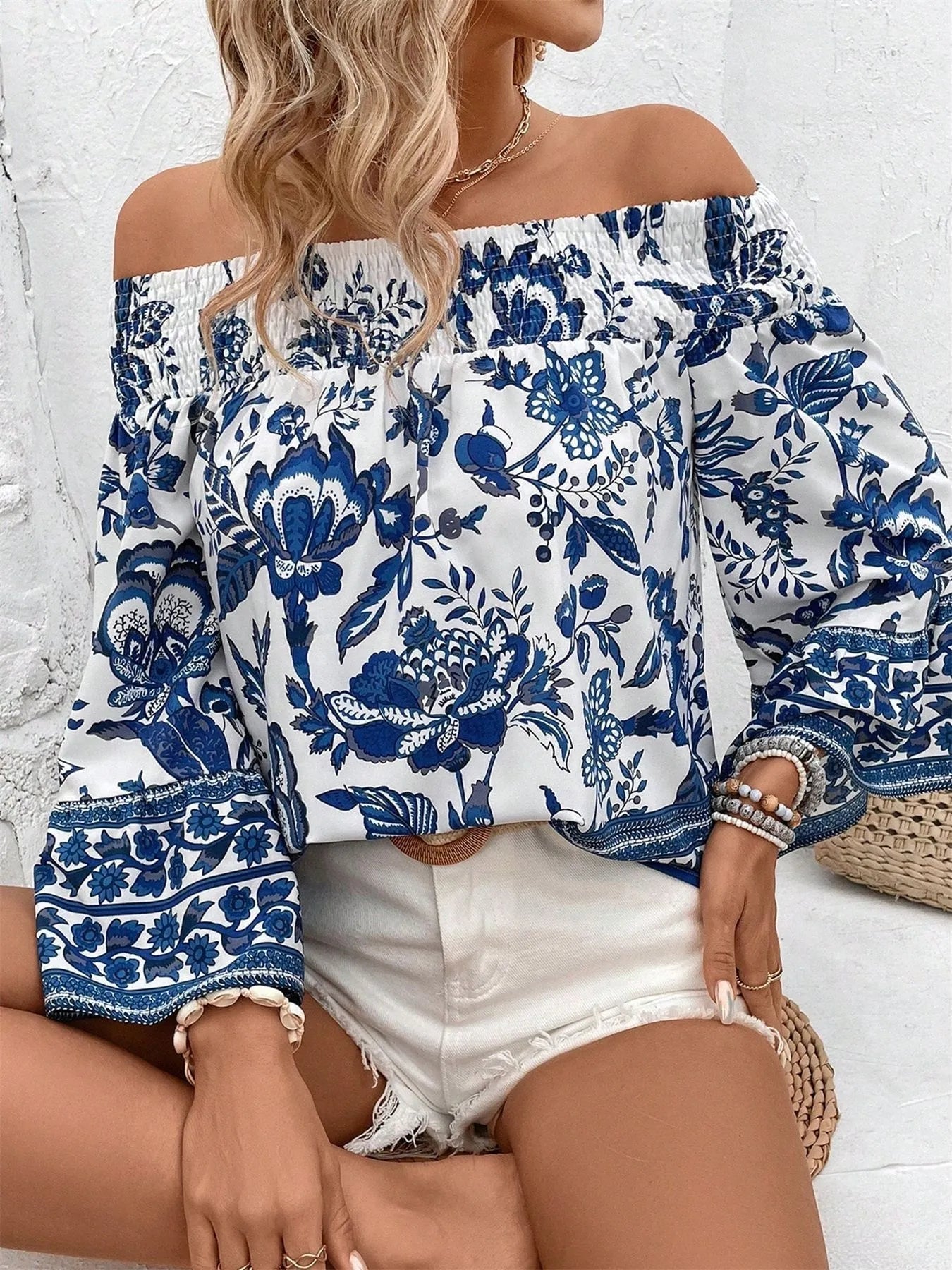 Off-Shoulder Floral Print Blouse - Lookzlike