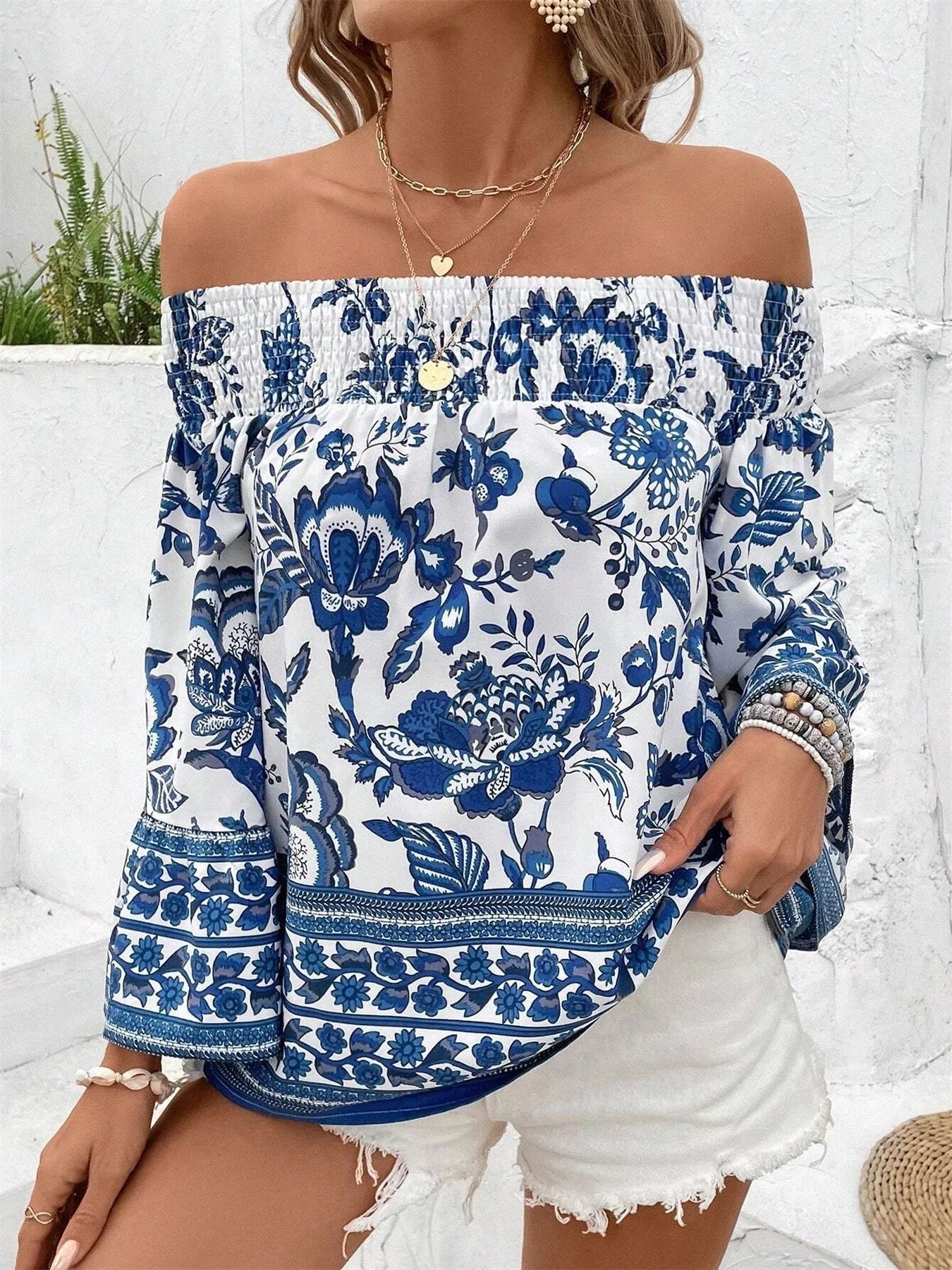 Off-Shoulder Floral Print Blouse - Lookzlike