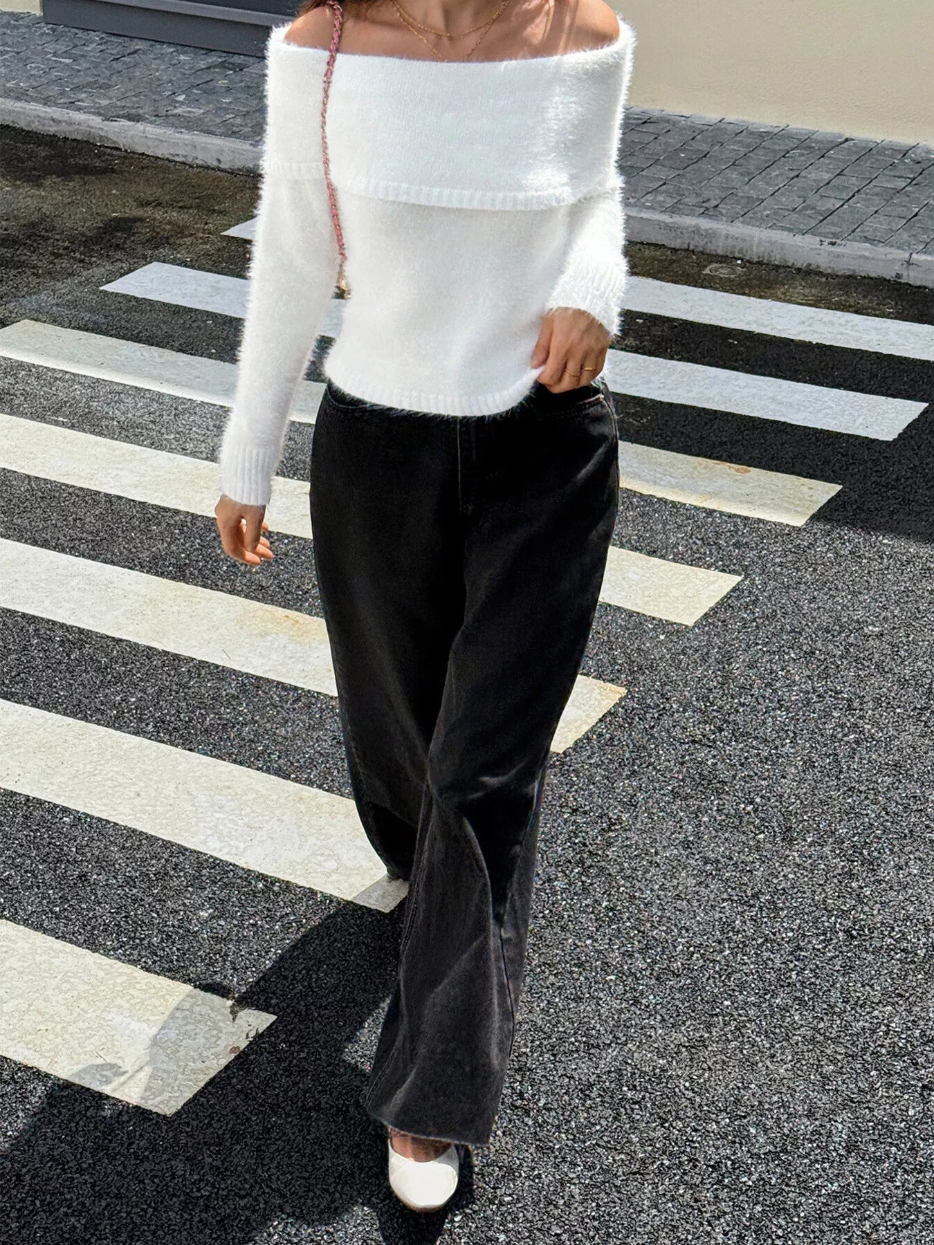 Off - Shoulder Fluffy Knit Sweater designed for comfort and style at Lookzlike