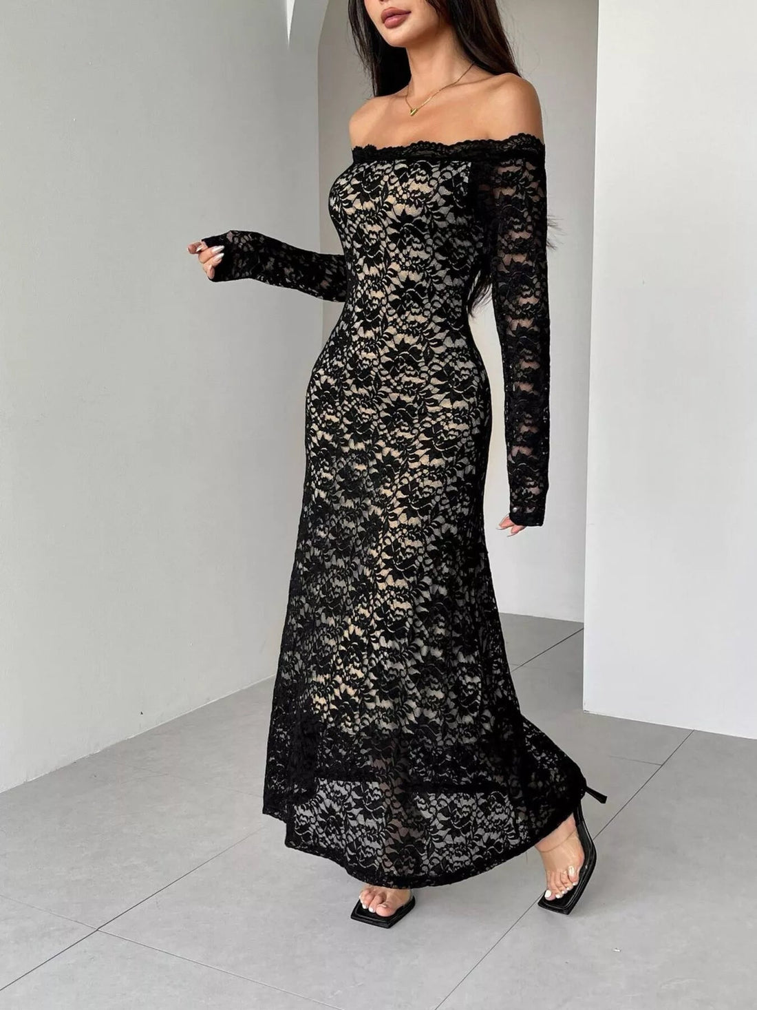 Off - Shoulder Lace Maxi Dress designed for comfort and style at Lookzlike