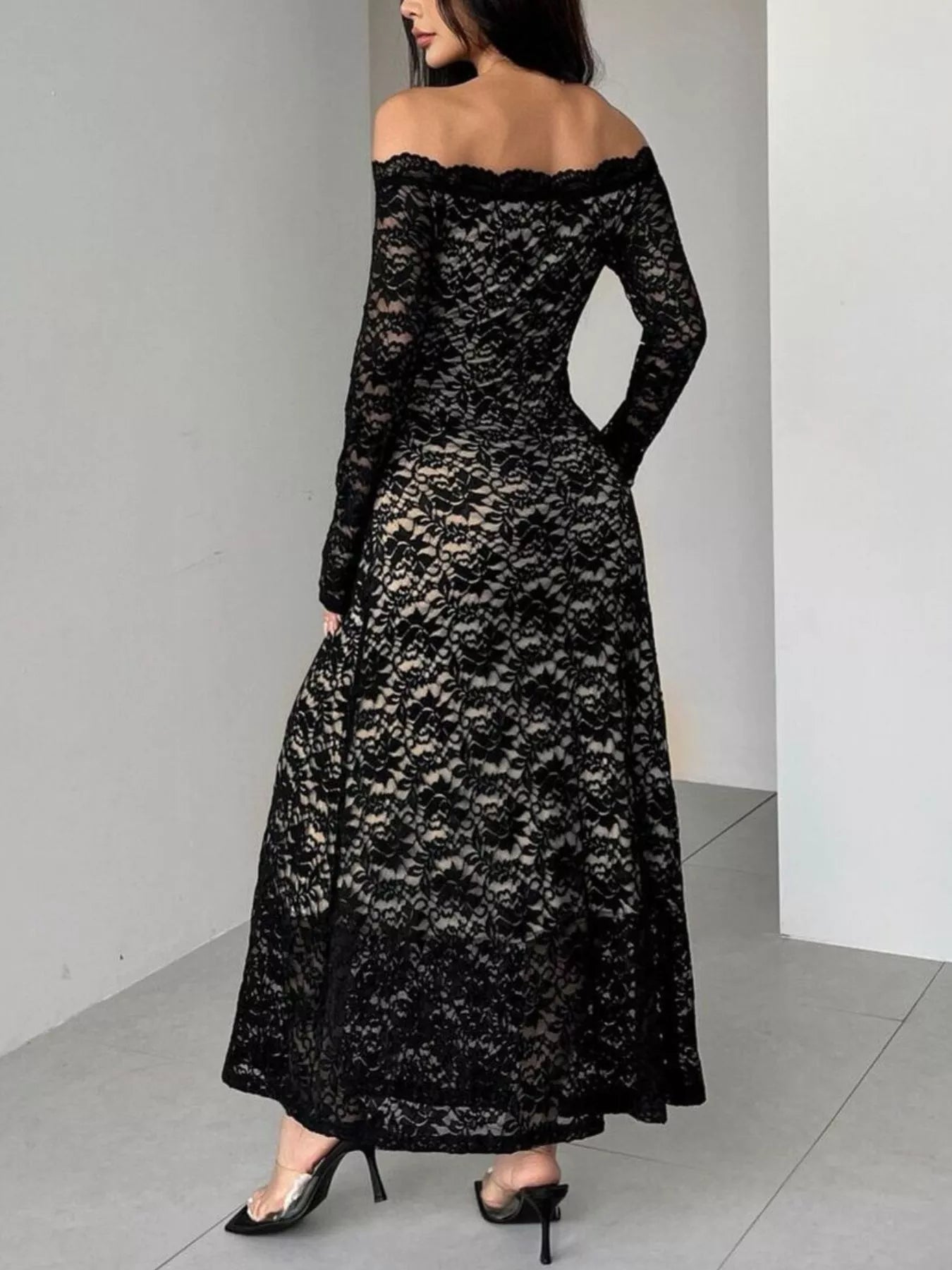 Off - Shoulder Lace Maxi Dress designed for comfort and style at Lookzlike