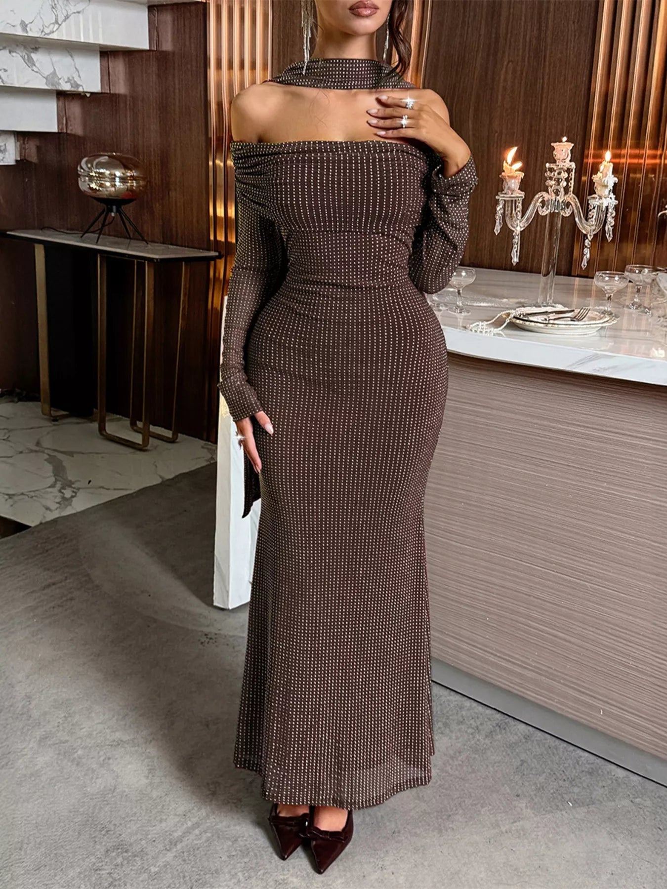 Off - Shoulder Scarf Bodycon Maxi Dress designed for comfort and style at Lookzlike