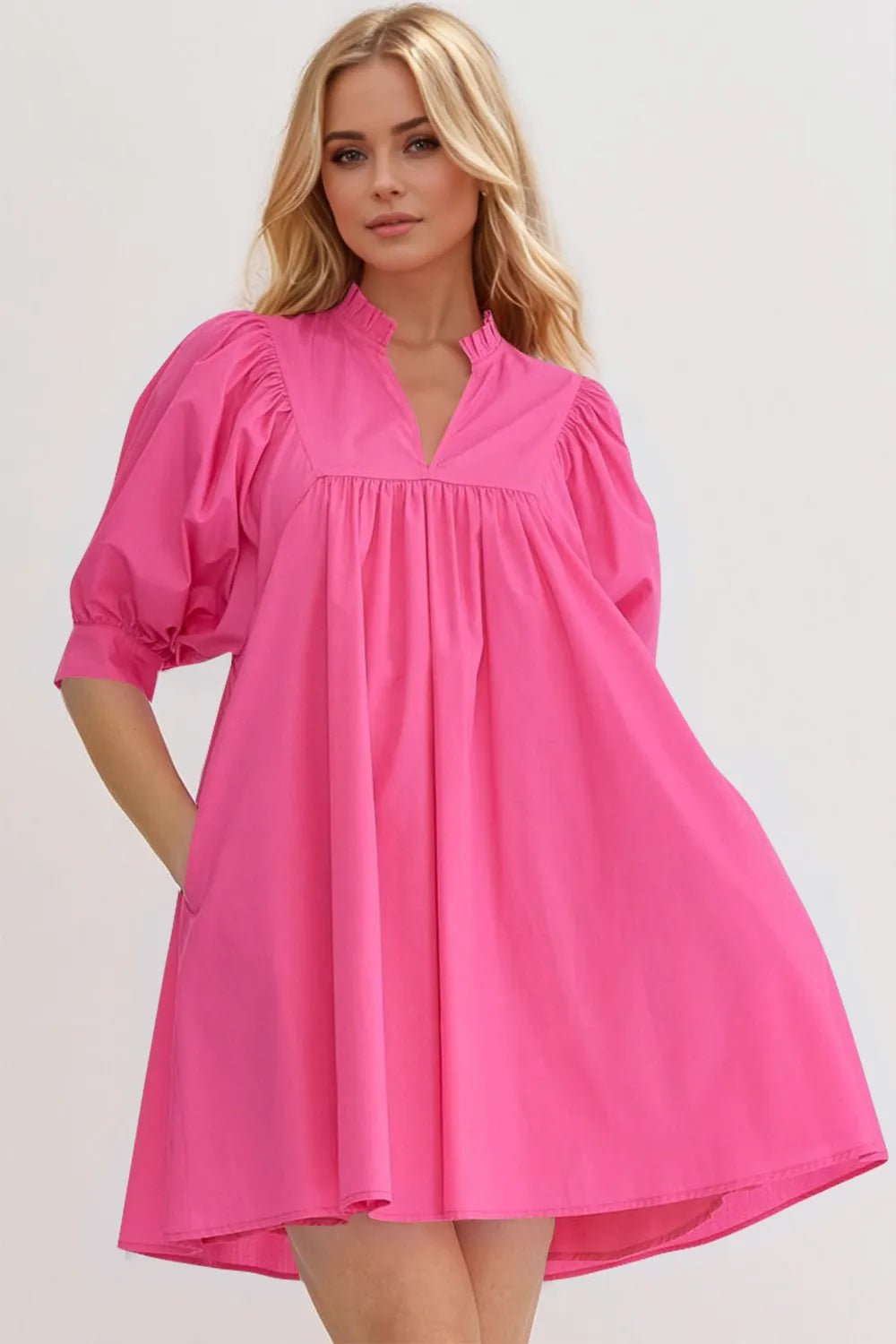 Oh Frill Notched Puff Sleeve Babydoll Mini Dress - Lookzlike