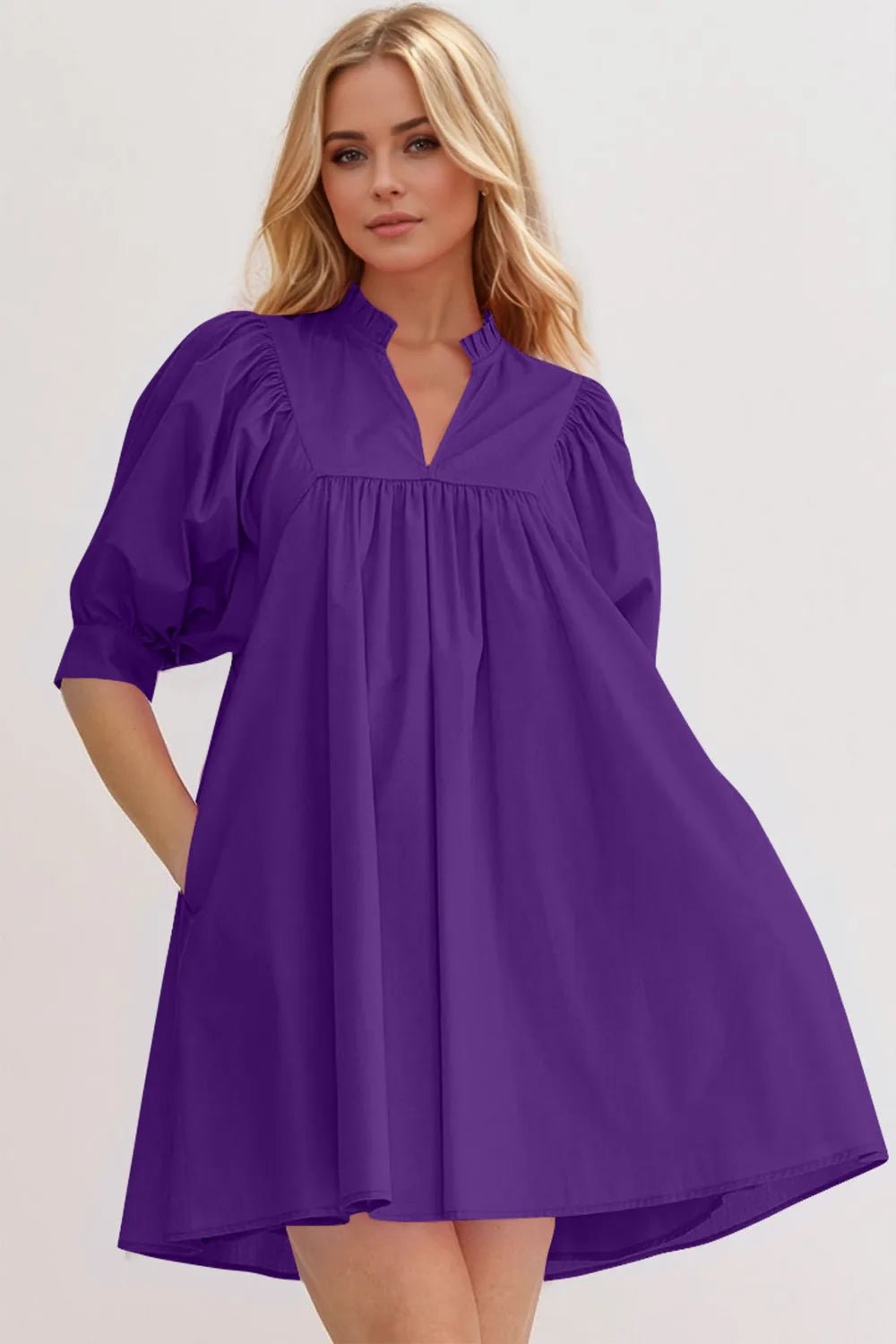 Oh Frill Notched Puff Sleeve Babydoll Mini Dress - Lookzlike