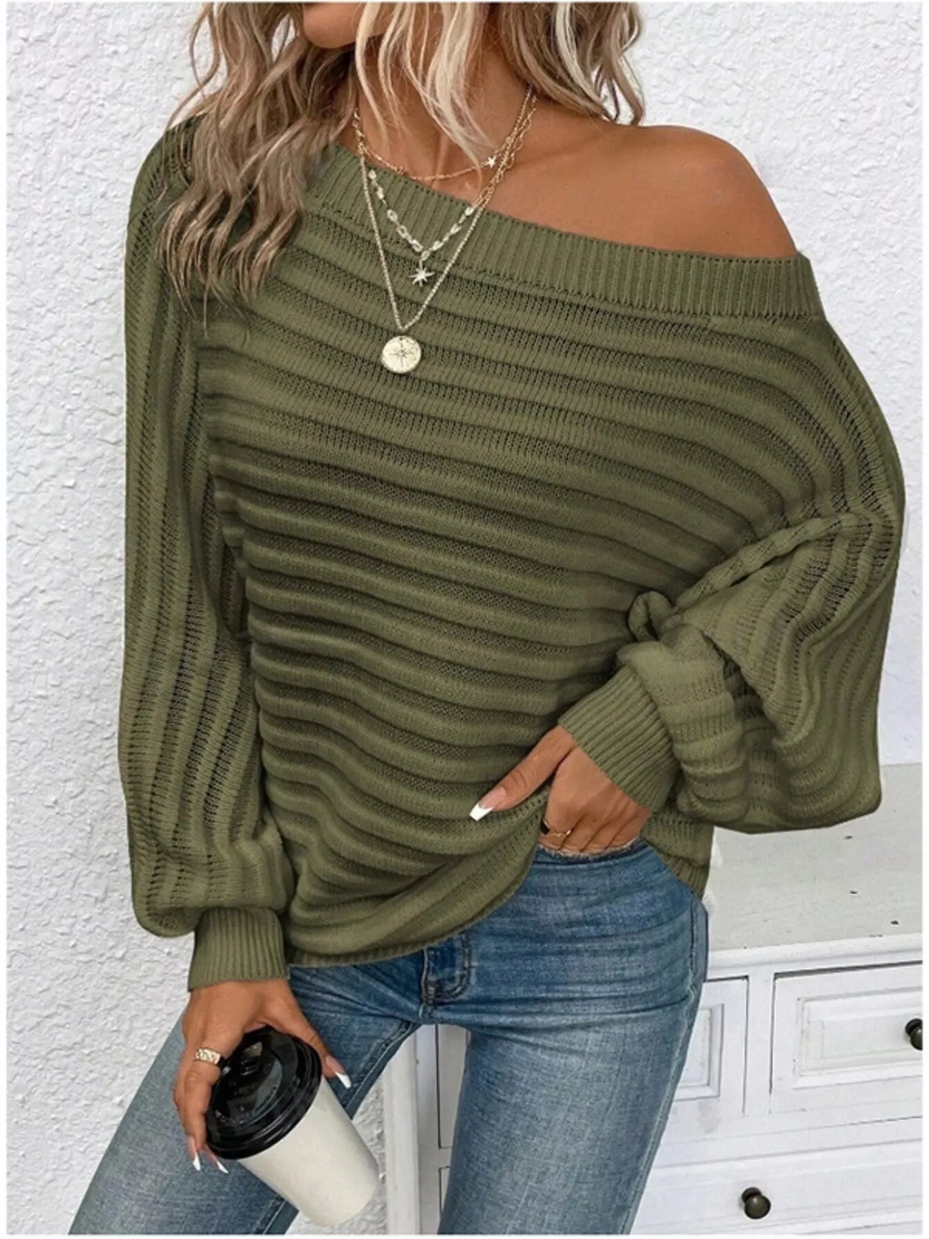 One Shoulder Ribbed Knit Sweater designed for comfort and style at Lookzlike
