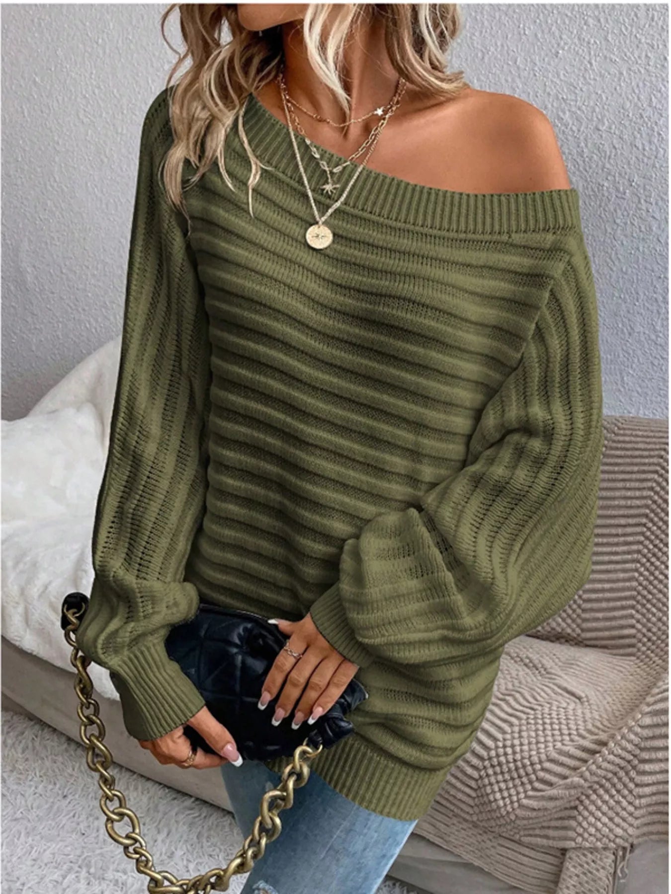 One Shoulder Ribbed Knit Sweater designed for comfort and style at Lookzlike