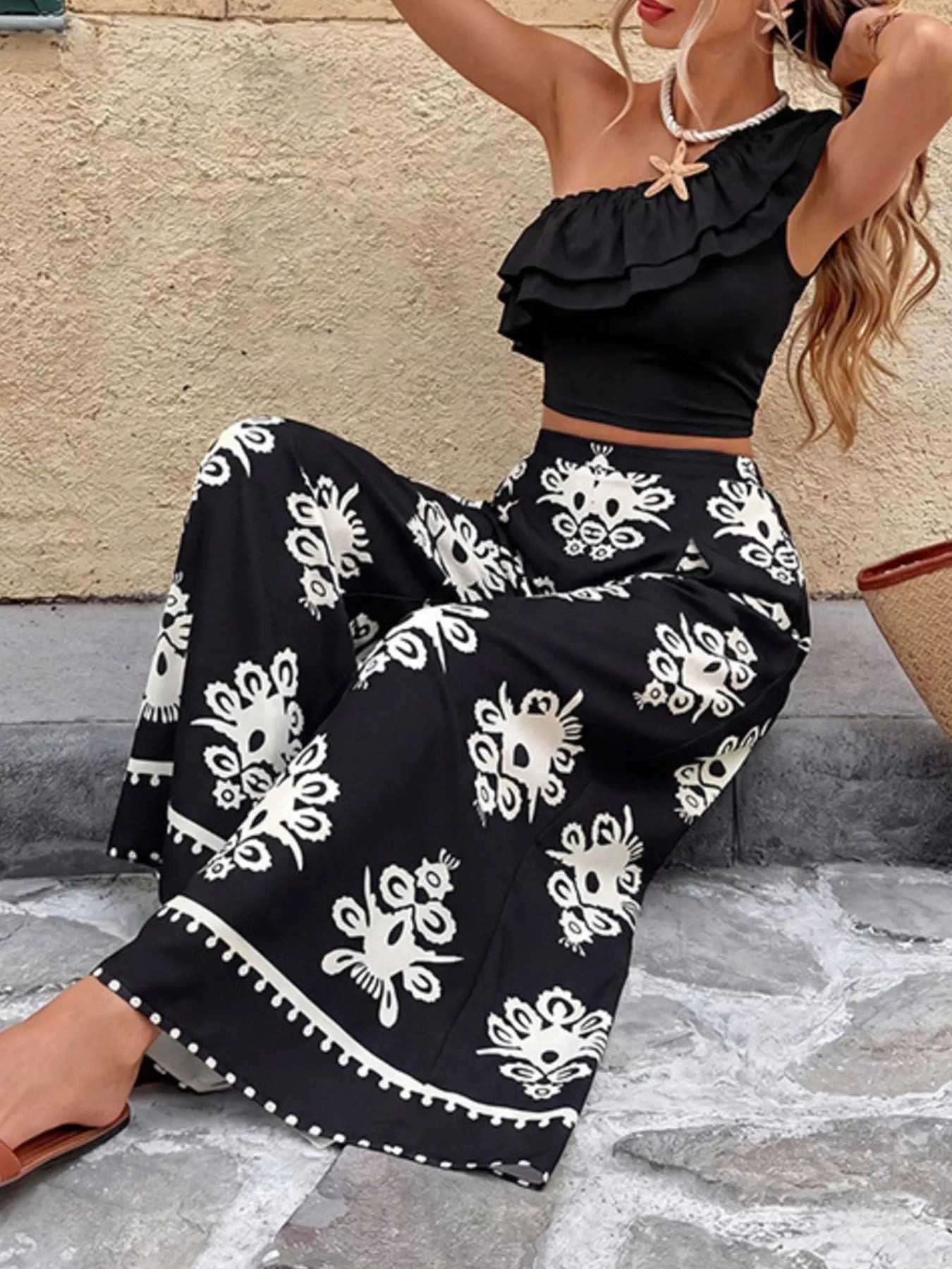 One-Shoulder Ruffled Crop Top and Wide-Leg Printed Pants Set designed for comfort and style at Lookzlike