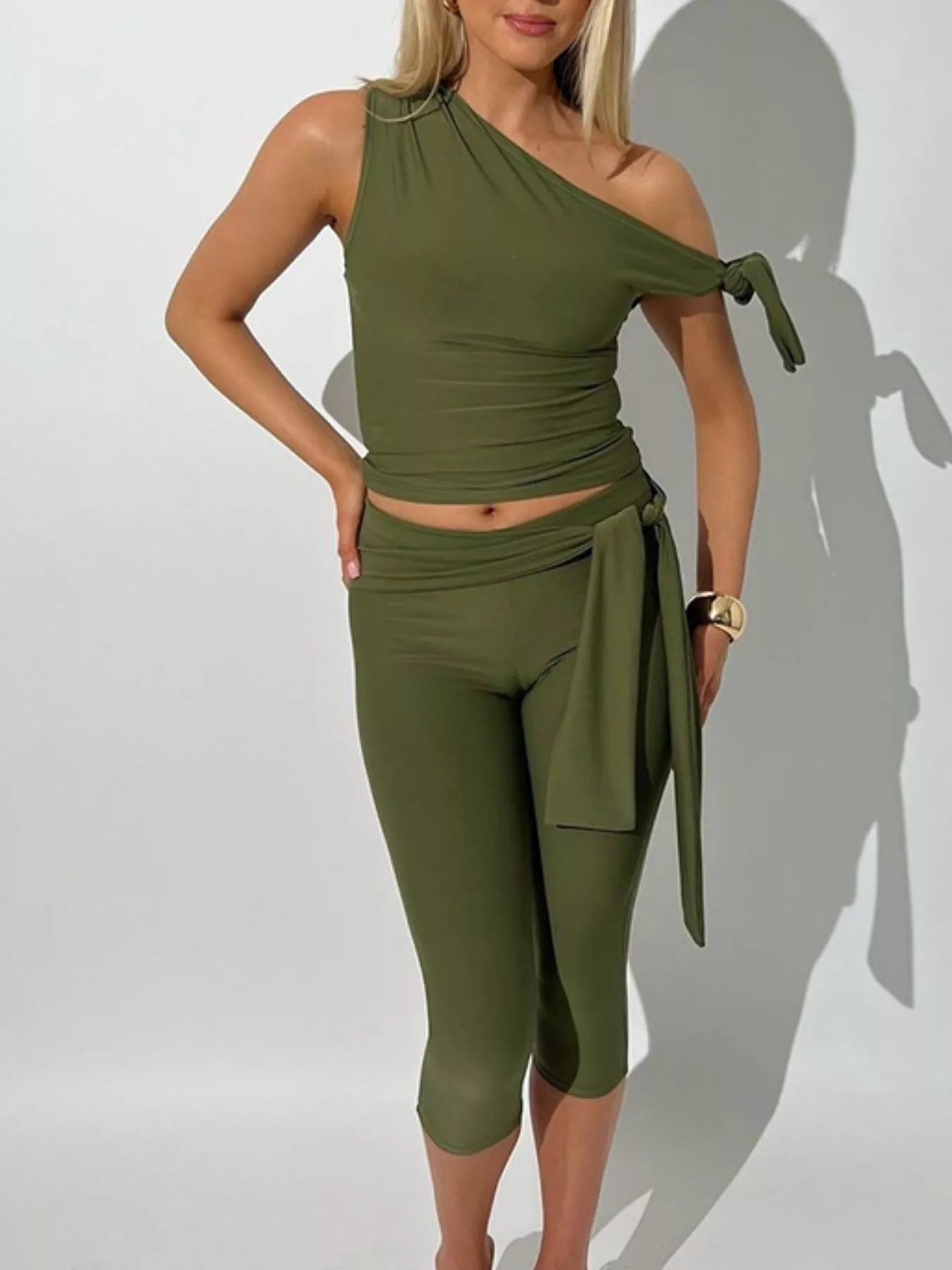 One-Shoulder Tie-Knot Top and Capris Set designed for comfort and style at Lookzlike