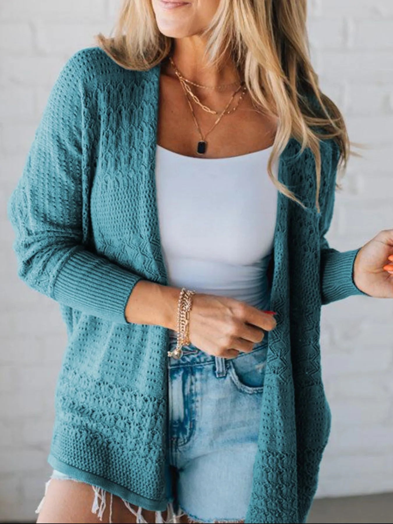 Open Front Knitted Cardigan with Eyelet Details designed for comfort and style at Lookzlike