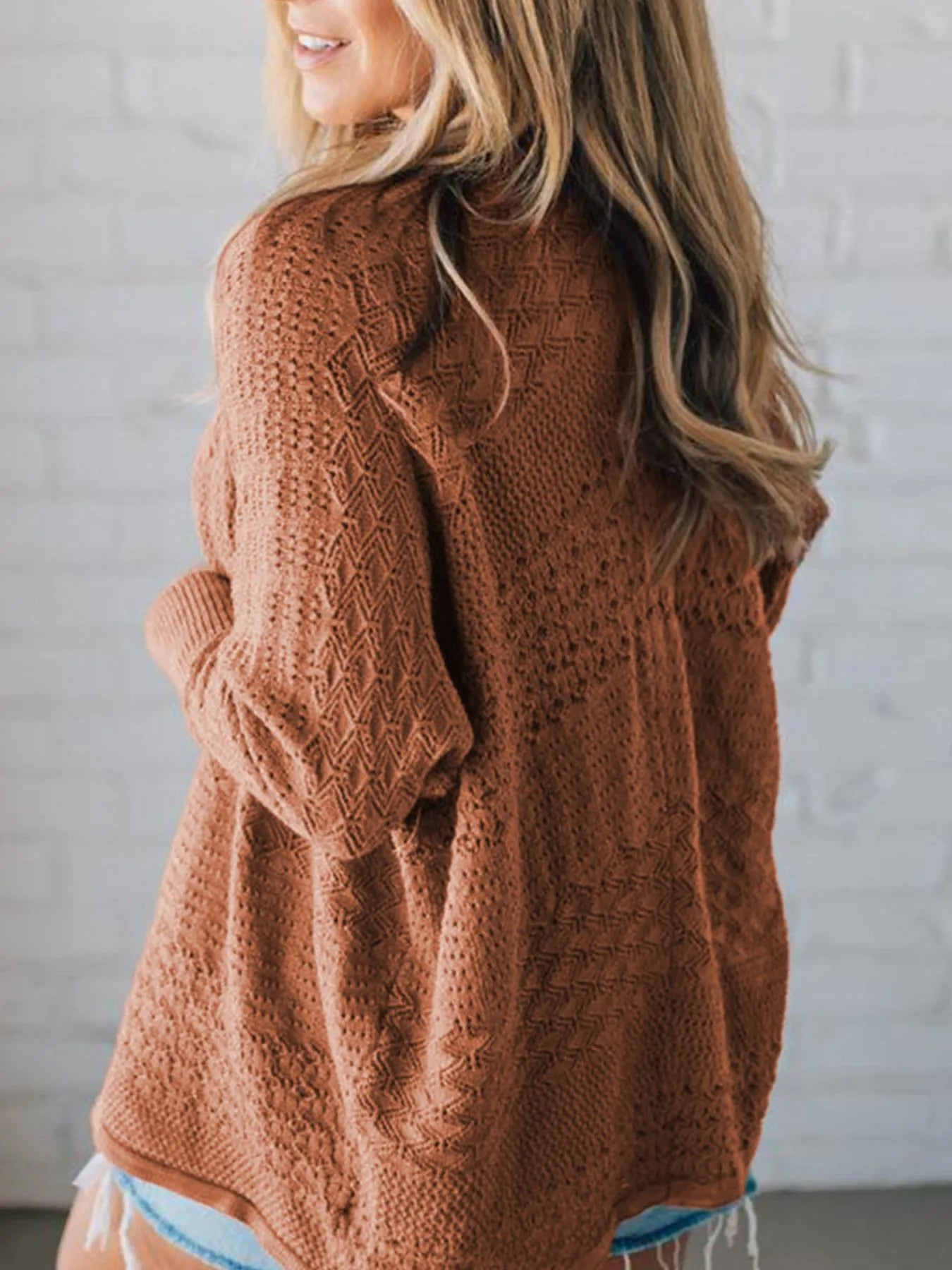 Open Front Knitted Cardigan with Eyelet Details designed for comfort and style at Lookzlike
