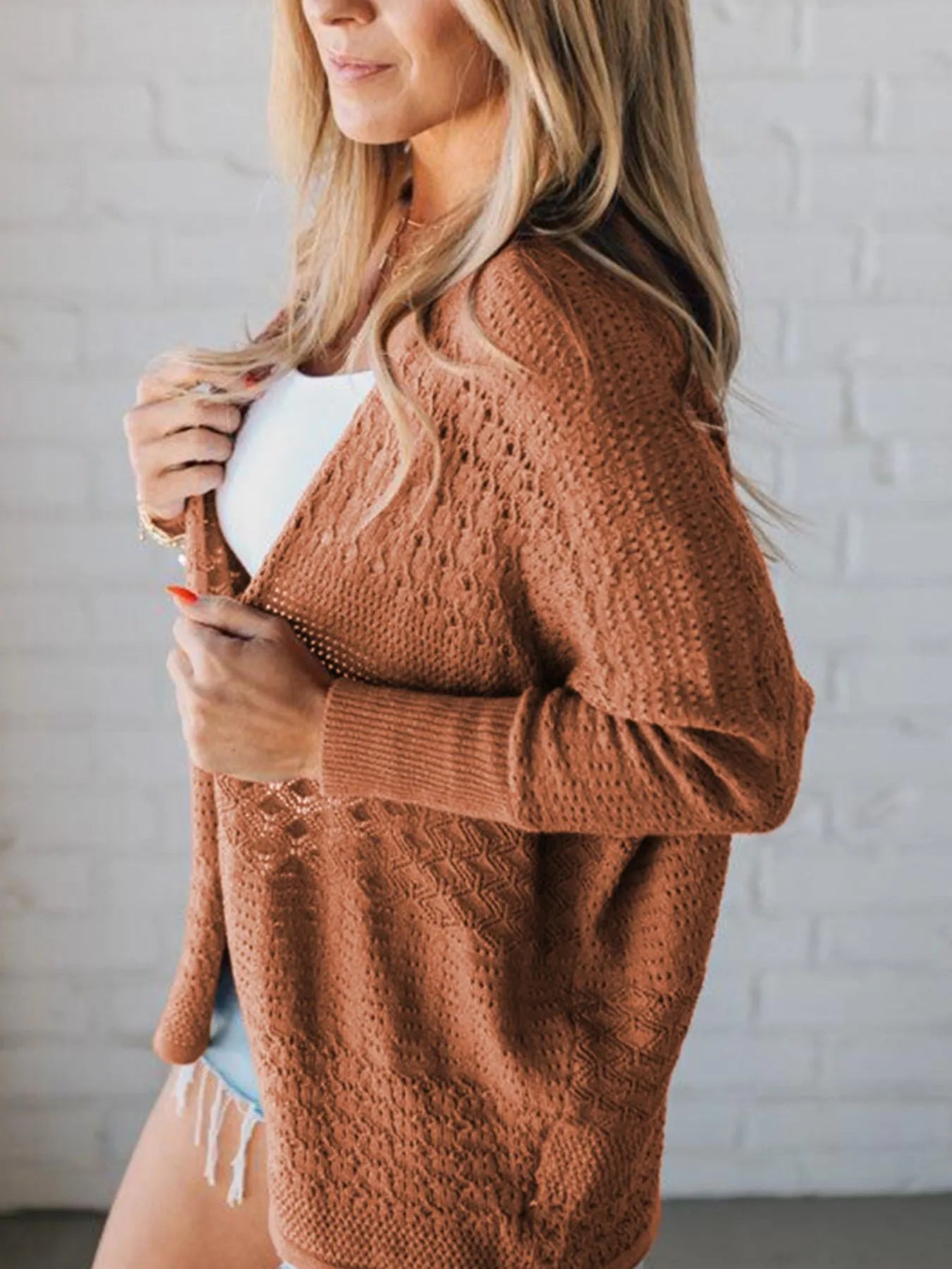 Open Front Knitted Cardigan with Eyelet Details designed for comfort and style at Lookzlike