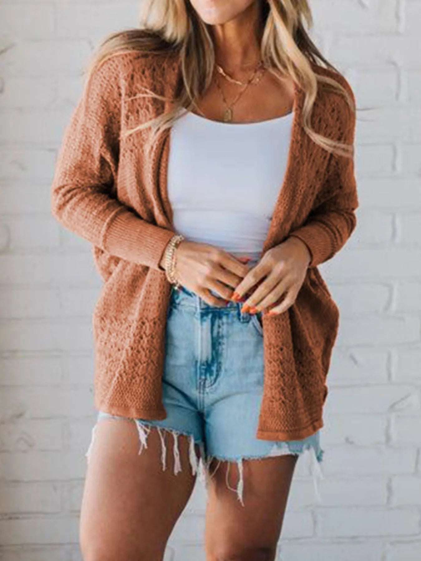Open Front Knitted Cardigan with Eyelet Details designed for comfort and style at Lookzlike