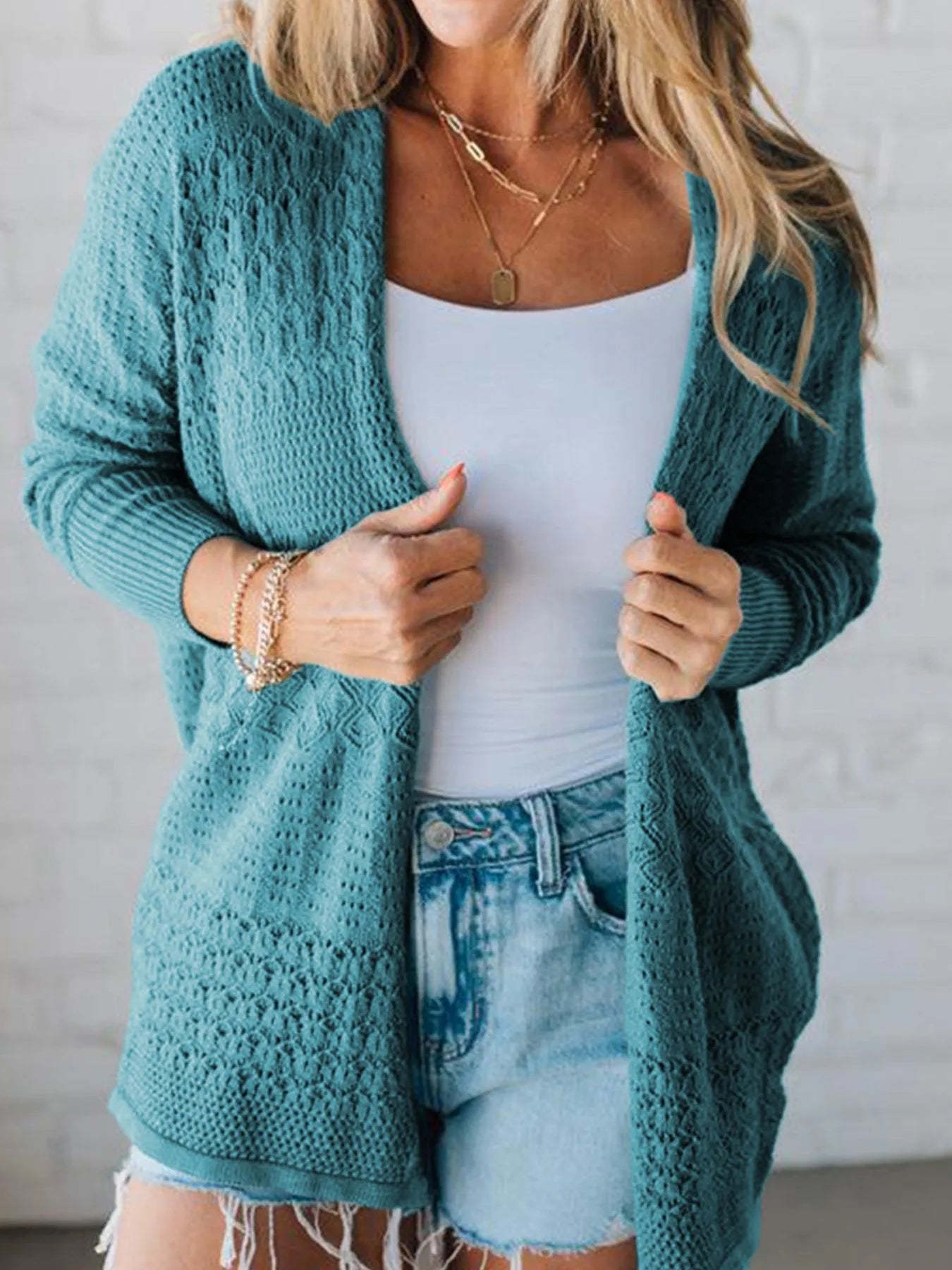 Open Front Knitted Cardigan with Eyelet Details designed for comfort and style at Lookzlike